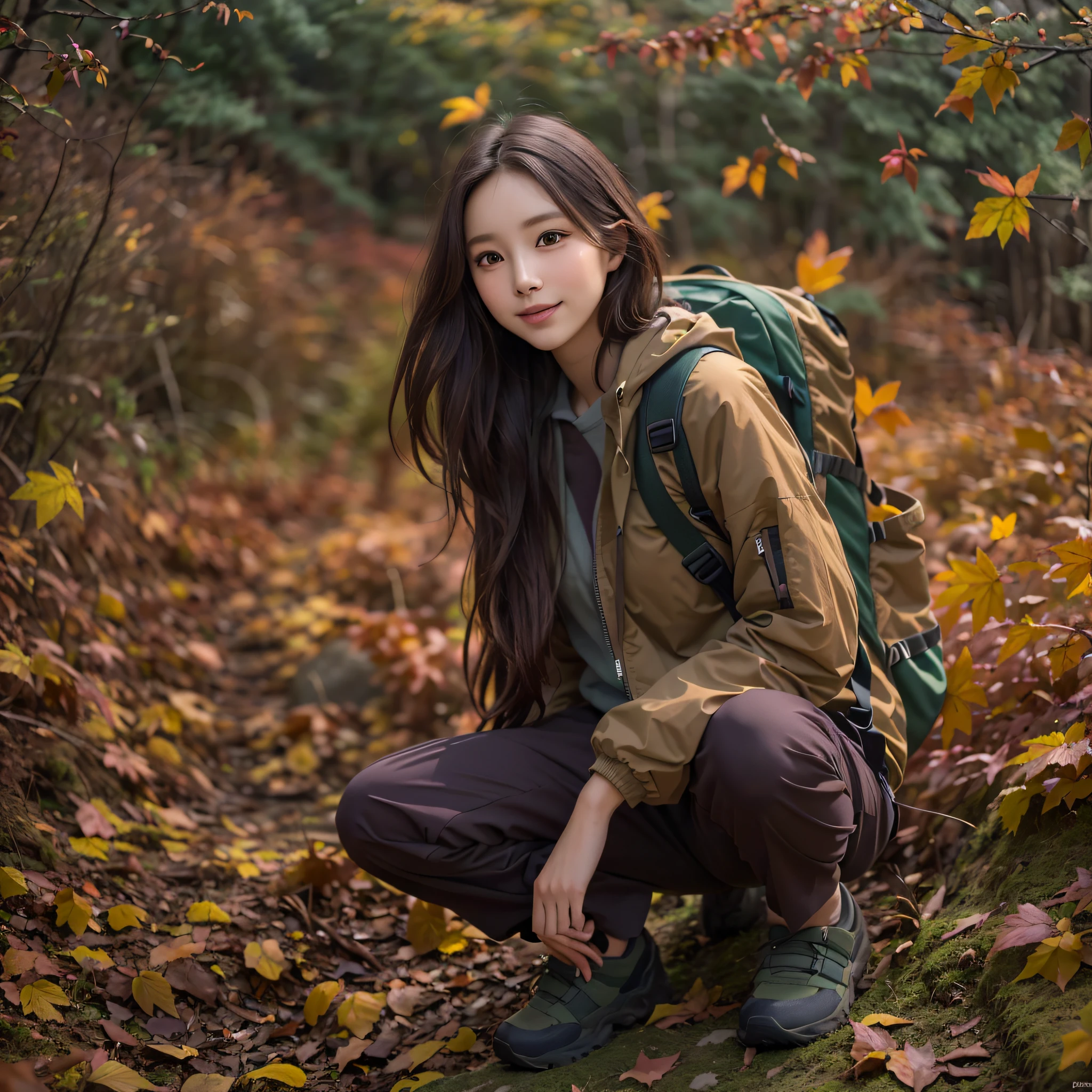 (Nature-scape photography), (best quality), masterpiece:1.2, ultra high res, photorealistic:1.4, RAW photo, (A plain with autumn leaves spreading all over the Aleutian avens), (wide angle shot), (Show cleavage:0.8),
(1girl), (Photo from the knee up:1.3), (looking at the audience), (18 years old), (grinning smile:1.2), (shiny skin), (real skin), (semi-long hair, dark brown hair)
(windbreaker), (Trekking-pants), (Carrying a large backpack),
(ultra detailed face), (ultra Beautiful fece), (ultra detailed eyes), (ultra detailed nose), (ultra detailed mouth), (ultra detailed arms), (ultra detailed body), pan focus