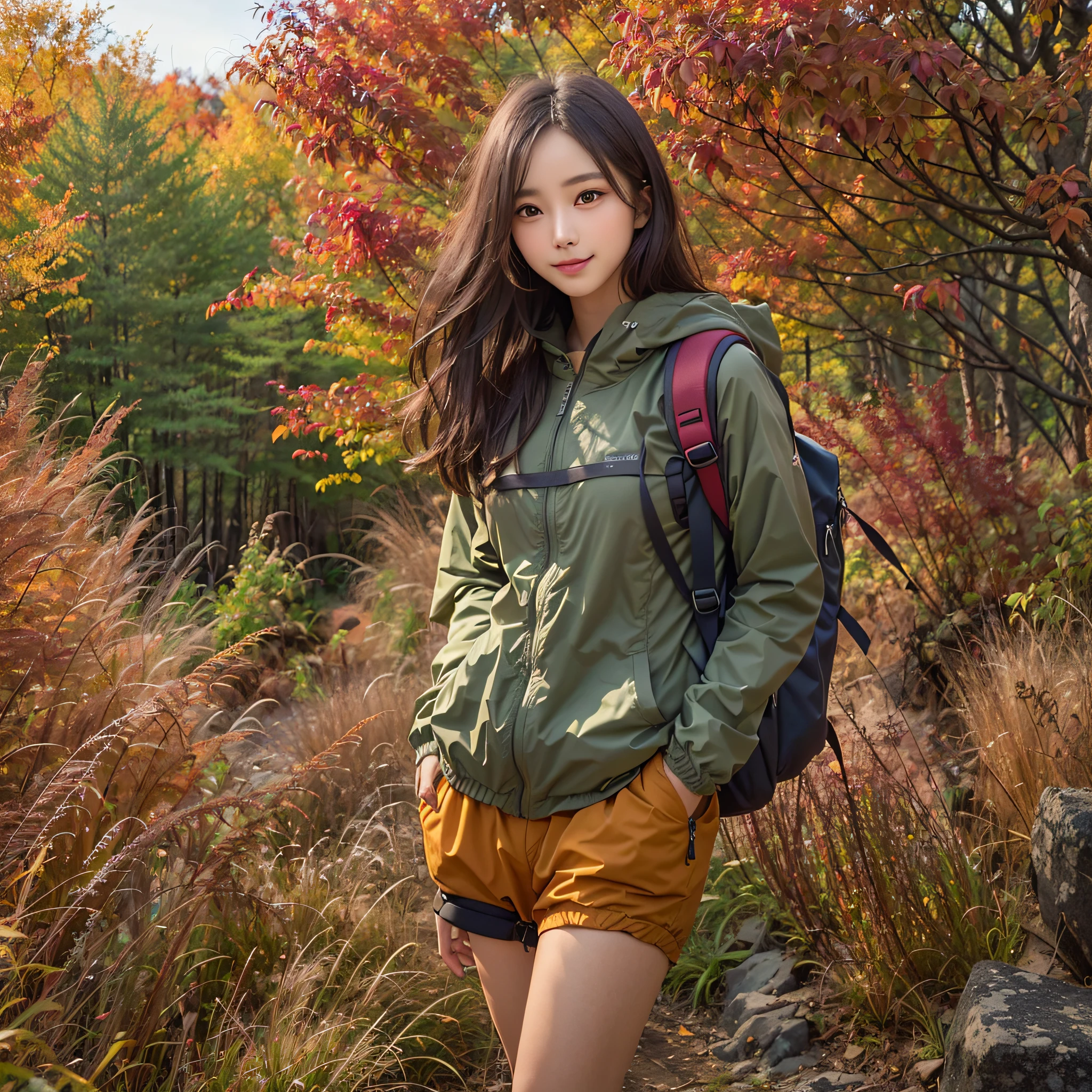 (Nature-scape photography), (best quality), masterpiece:1.2, ultra high res, photorealistic:1.4, RAW photo, (A plain with autumn leaves spreading all over the Kochia Scoparia), (wide angle shot), (Show cleavage:0.8),
(1girl), (Photo from the knee up:1.3), (looking at the audience), (18 years old), (grinning smile:1.2), (shiny skin), (real skin), (semi-long hair, dark brown hair)
(windbreaker), (Trekking-pants), (Carrying a large backpack),
(ultra detailed face), (ultra Beautiful fece), (ultra detailed eyes), (ultra detailed nose), (ultra detailed mouth), (ultra detailed arms), (ultra detailed body), pan focus