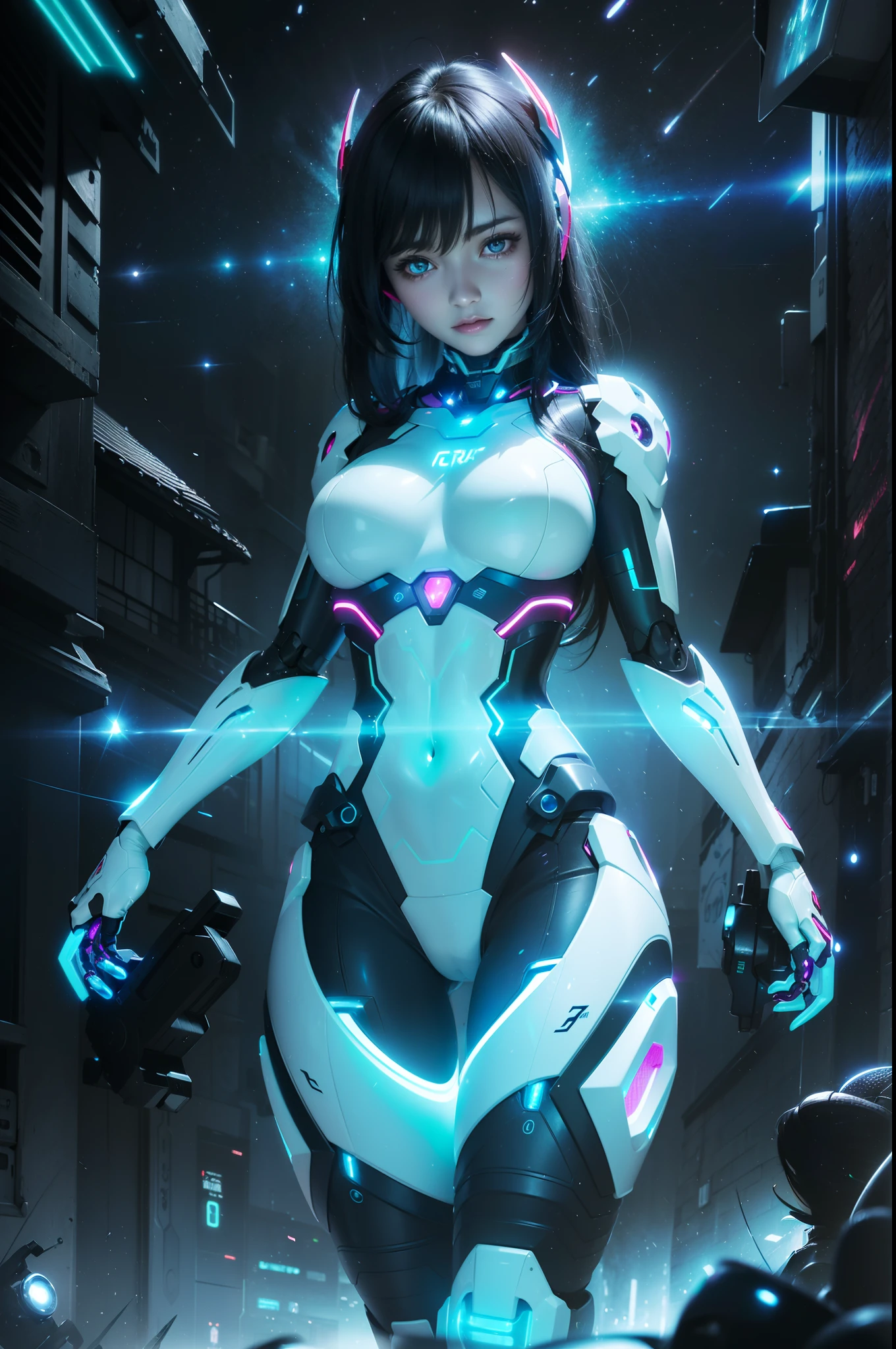 ciborgue realista e intrincado rosto de beleza perfeita, Detailed glowing eyes of the sharp galaxy, Rosto detalhado, (((From face to waist))), (((forma de beleza fina))), ((in realistic pieces of neon-lit white sci-fi plugsuit metal mecha and robotic tentacles with neon-lit lights)), master part, 4k, UHD