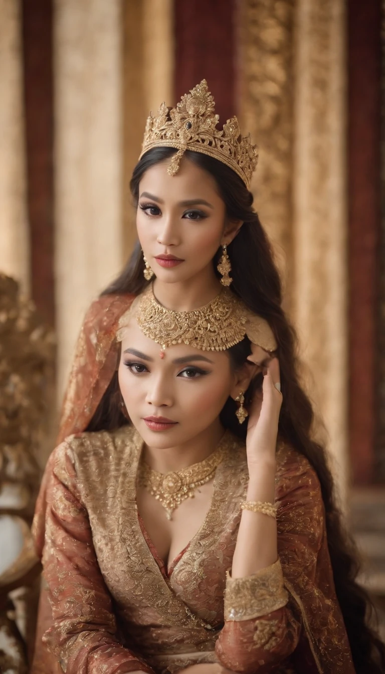 a Javanese folklore princess with extraordinary beauty and long, flowing hair, often seen wearing traditional Javanese attire and a crown, while sitting gracefully with a majestic presence in a royal palace