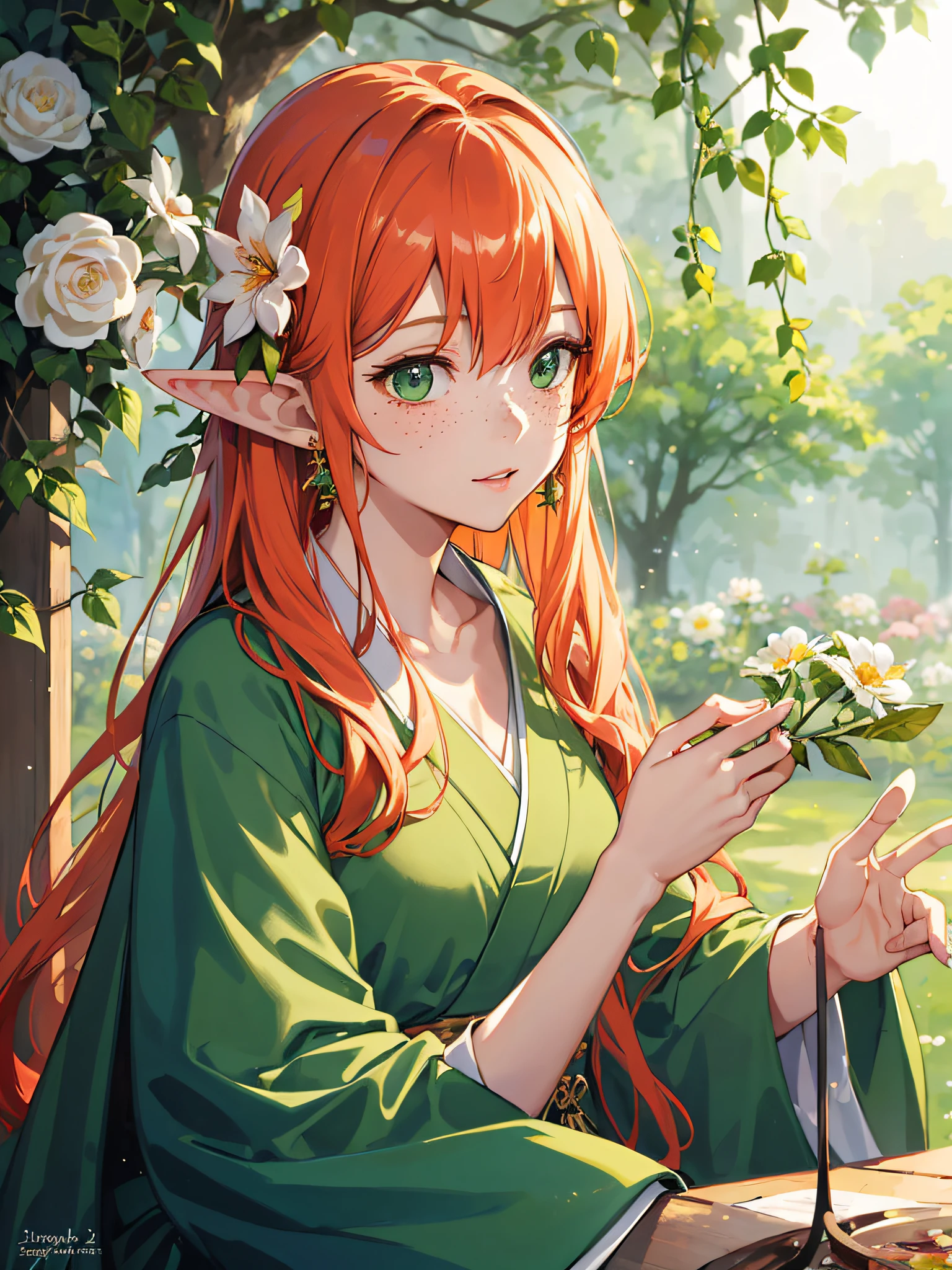 （（Best quality））， （（A Masterpiece））， （（realistic））(watercolor: 1.2), Light particles, japanese elf princess, flower, freckles, bangs, redhead, long hair, green eyes, hair between eyes, flower earrings, perfect hands, Beautiful composition, blurred background, high resolution