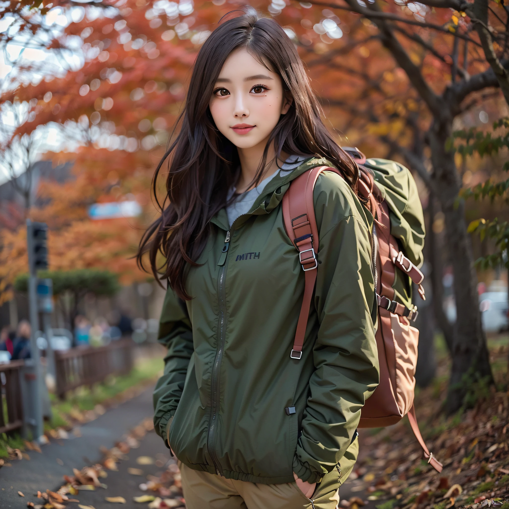 (Nature-scape photography), (best quality), masterpiece:1.2, ultra high res, photorealistic:1.4, RAW photo, (Hitachinaka Seaside Park with autumn leaves), (wide angle shot),  (Show cleavage:0.8),
(1girl), (Photo from the knee up:1.3), (looking at the audience), (18 years old), (grinning smile:1.2), (shiny skin), (real skin), (semi-long hair, dark brown hair)
(windbreaker), (Trekking-pants), (Carrying a large backpack), 
(ultra detailed face), (ultra Beautiful fece), (ultra detailed eyes), (ultra detailed nose), (ultra detailed mouth), (ultra detailed arms), (ultra detailed body), pan focus