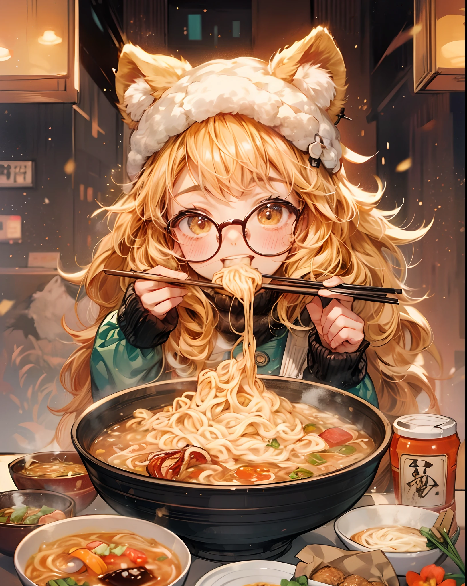 Cute lion girl , eyeglasses, eating , ramen, happy, chopsticks, excited, winter, winter hat and muffler , hot spring restaurant , colorful, manga style, nib pen technique, anime sketch style, very thick black lines --niji 5