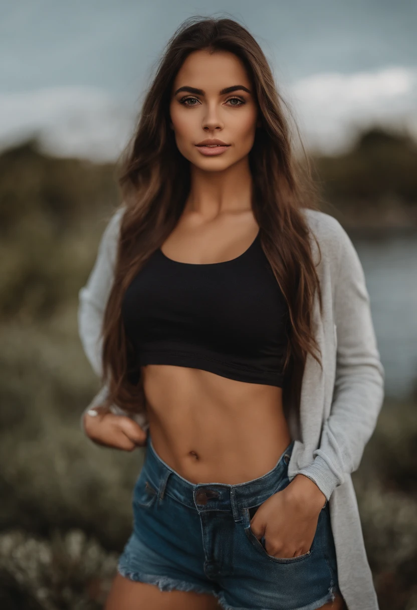 Arafed Mujer con una camiseta sin mangas azul claro y un collar, en un centro comercial, Chica sexy con ojos marrones claros, Retrato Sophie Mudd, short brown hair and large eyes, selfie de una mujer joven, Ojos del dormitorio, Violeta Myers, sin maquillaje, Maquillaje natural, staring directly into camera, cara con artgram, maquillaje sutil, Impresionante foto de cuerpo completo, penetrantes ojos verdes, beautiful angle, Pose atractiva, , pose sexy, Imagen de cuerpo entero, cuerpo completo, full body shoot, Diosa morena, High detail, Pose satisfecha, con falda y botas grises, falda, Botas, Gimnasio en forma, bonitas piernas y quads