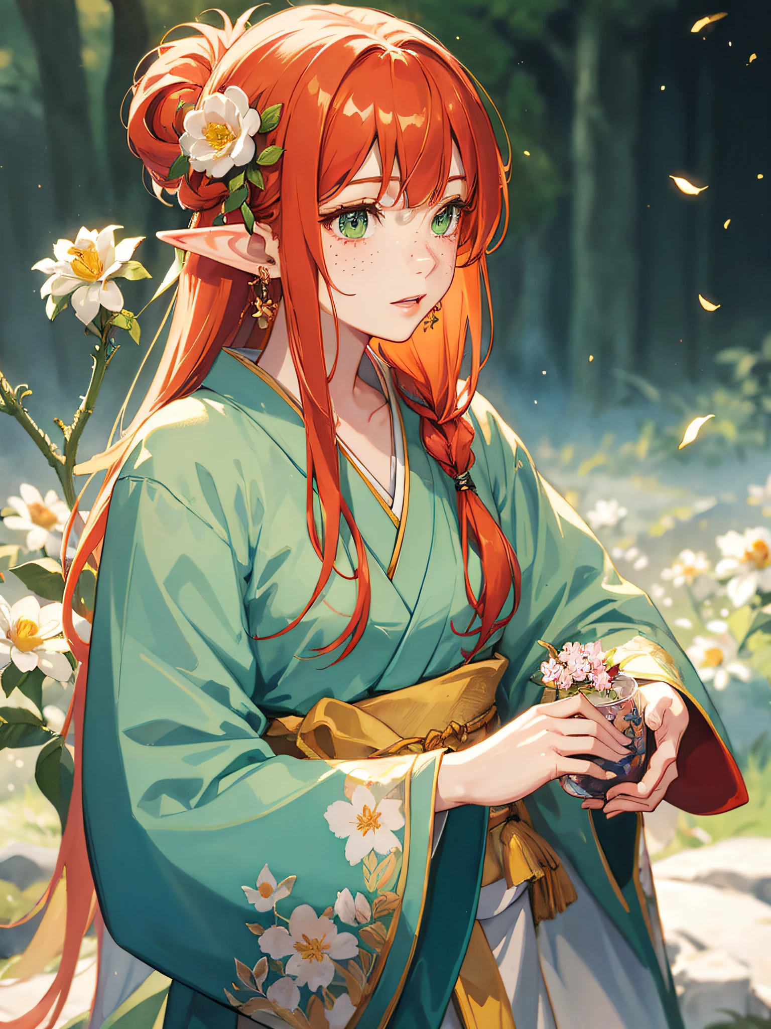 A woman with red hair and green eyes holding a flower - SeaArt AI
