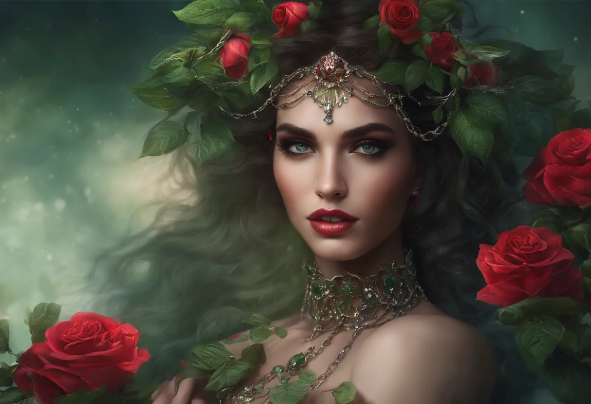 crowned with roses, 8k, hyper detailed, Eerie atmosphere, elaborate composition