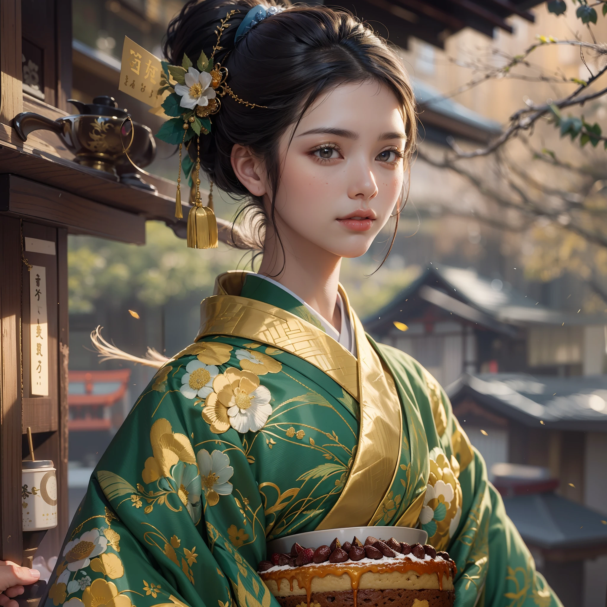 Detailed background(tea shop(The cityscape of Kyoto seen outside the window)),Laid on the table(a cake).Hold it in your right hand(cups&saucer),BREAK,Put it in your mouth(a cake),BREAK,elaborate costume{Luxury kimono(Colorful kimono(Detailed golden embroidery,))}、(Japanese Idol(actress):1.2)(face perfect:1.2),Depicting a beautiful and classy adult woman。glossy dark hair(poneyTail),Heart in the eye。 Wallpapers 16K, .Blur the background with a sickle,((masutepiece)), ((Best Quality)),{{a portrait photo of}},full body Esbian