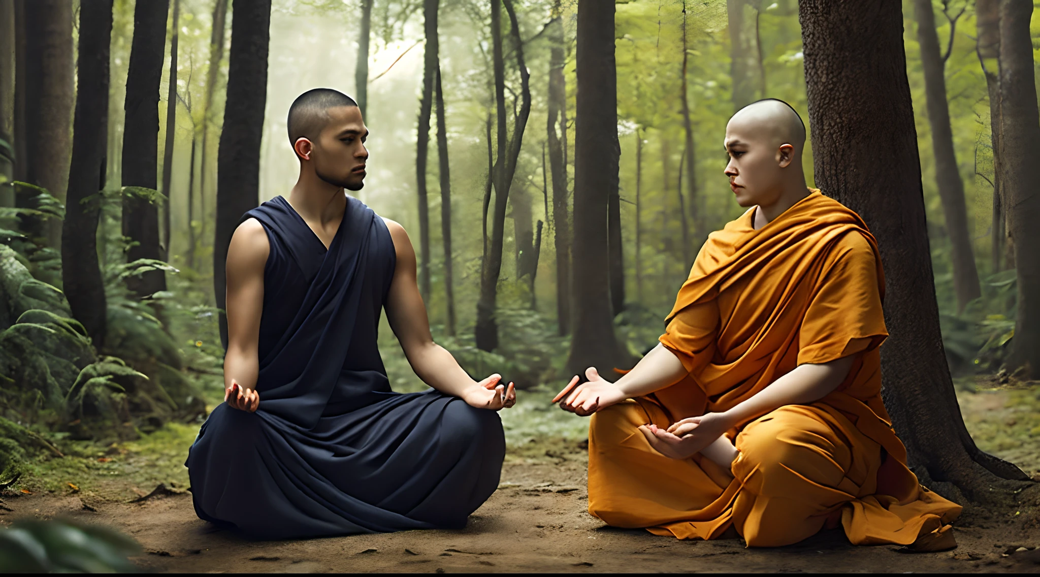 An angry young man kneeling to a meditating monk, in the forest, realistic, cinematic image, 2k