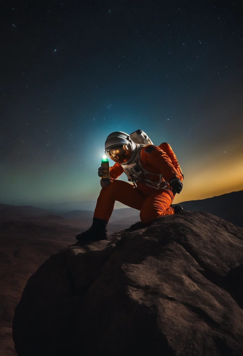 an astronaut sitting on the rock facing him with a bottle in his hand with a starry sky, cheio de efeitos, alta qualidade, alta qualidade na rocha no astronauta, melhor qualidade