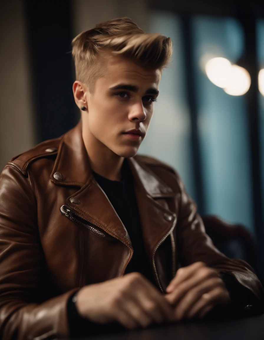 Justin Bieber wears an elegant brown leather jacket, faded undercut, Ultra-High-Definition-Bild, Punk Uhr, Studiofotografie, Precision (Mitte Nahaufnahme), Lovely face, Leichtes Gesicht