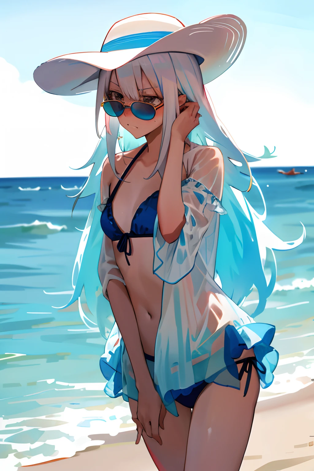 One girl with long hair, white hair, looking away, cowboy shot, embarrassed, blushing, mouth small open, beach, thigh , bikini, sunglasses, wide-brimmed hat