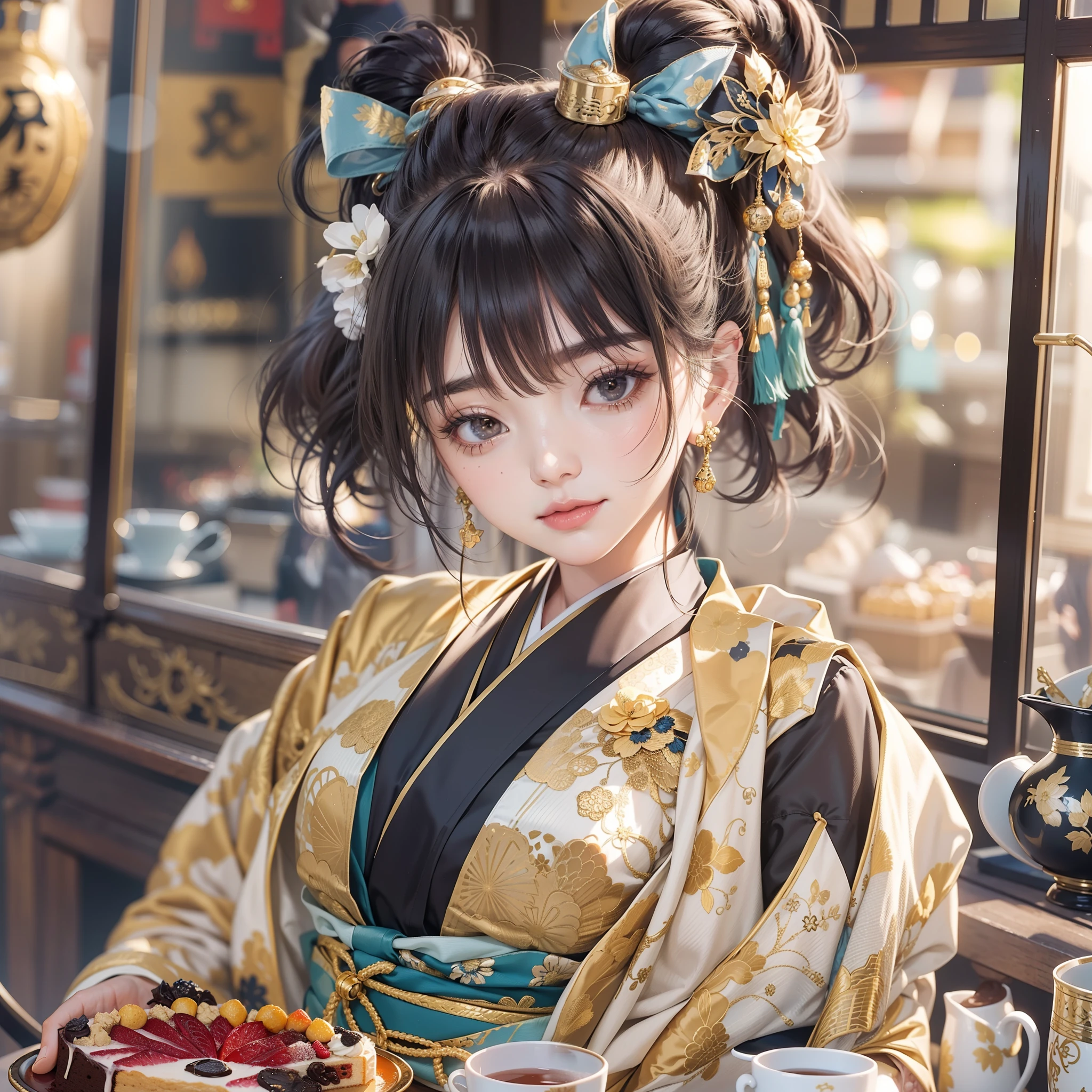 Detailed background(tea shop(The cityscape of Kyoto seen outside the window)),Laid on the table(a cake).Hold it in your right hand(cups＆saucer),BREAK,Put it in your mouth(a cake),BREAK,elaborate costume{Luxury kimono(Colorful kimono(Detailed golden embroidery,))}、(Japanese Idol(actress):1.2)(face perfect:1.2),Depicting a beautiful and classy adult woman。glossy dark hair(poneyTail),Heart in the eye。 Wallpapers 16K, .Blur the background with a sickle,((masutepiece)), ((Best Quality)),{{a portrait photo of}},full body Esbian