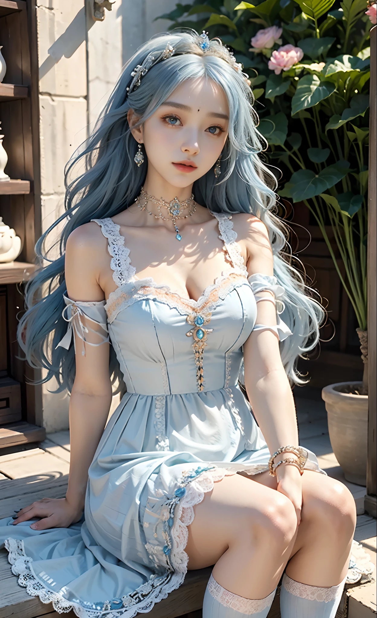 photorealistic, masterpiece, photorealistic, high resolution, soft light, hips up, blue eyes, white hair, long hair, Babydoll dress, red dress