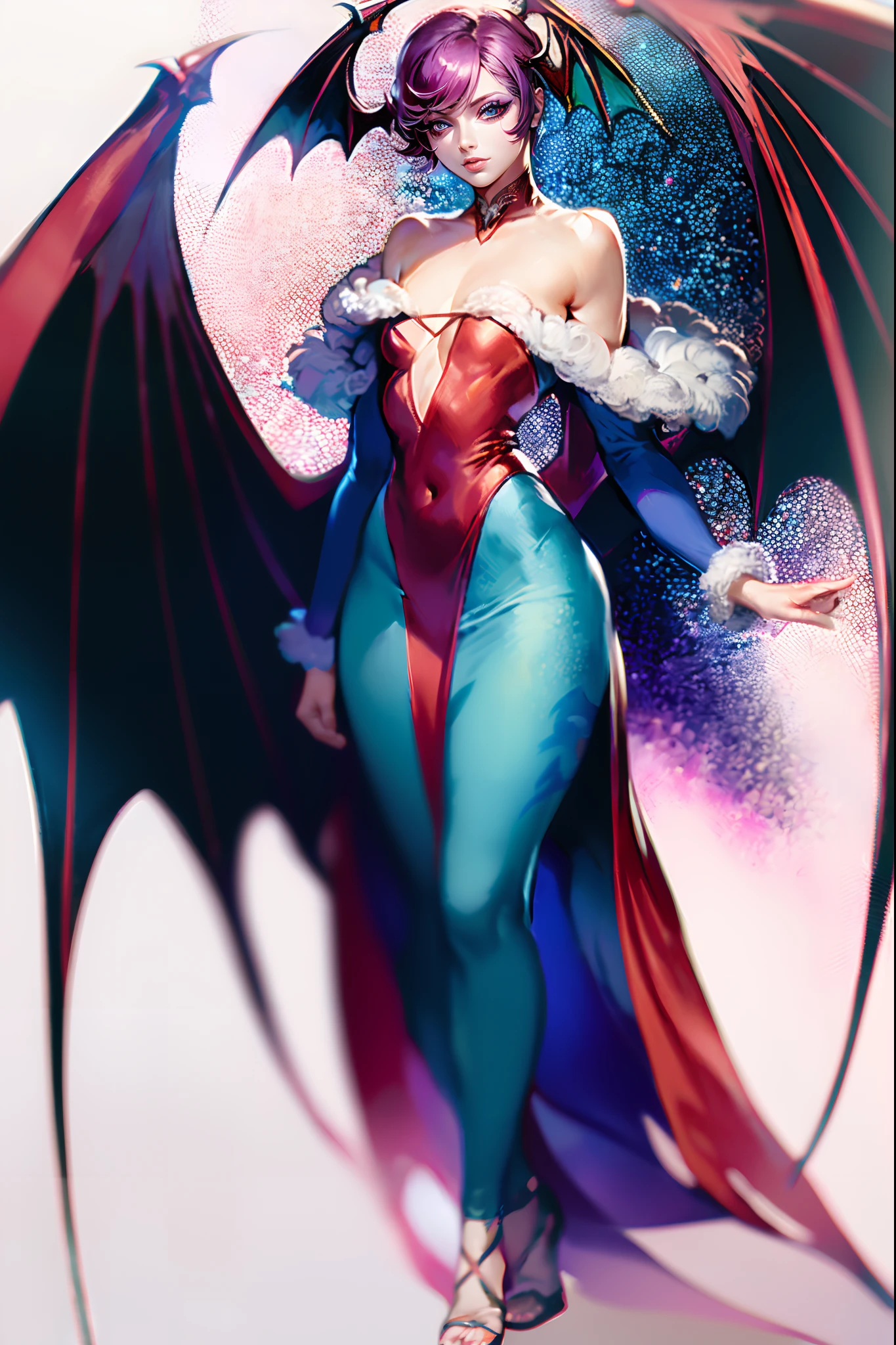 (best quality,masterpiece:1.2),intricate details,beautiful detailed eyes,beautiful detailed lips,extremely detailed eyes and face,longeyelashes,darkstalkers_lilith modeseven,super curvy,comic style,vibrant colors,standing,innocent, full body, standing