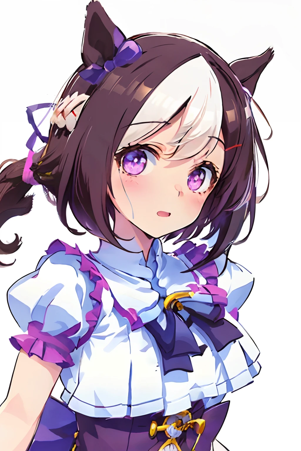 special_week_\(Umamusume)、bow ribbon、bow ribbon、bow ribbon、corsets、Fluffy breasts、nursing、toppless、teats、The upper part of the body、(Refers to the viewer:1.3)、Happiness、(White background:1.5)、(front-facing view:1.3)