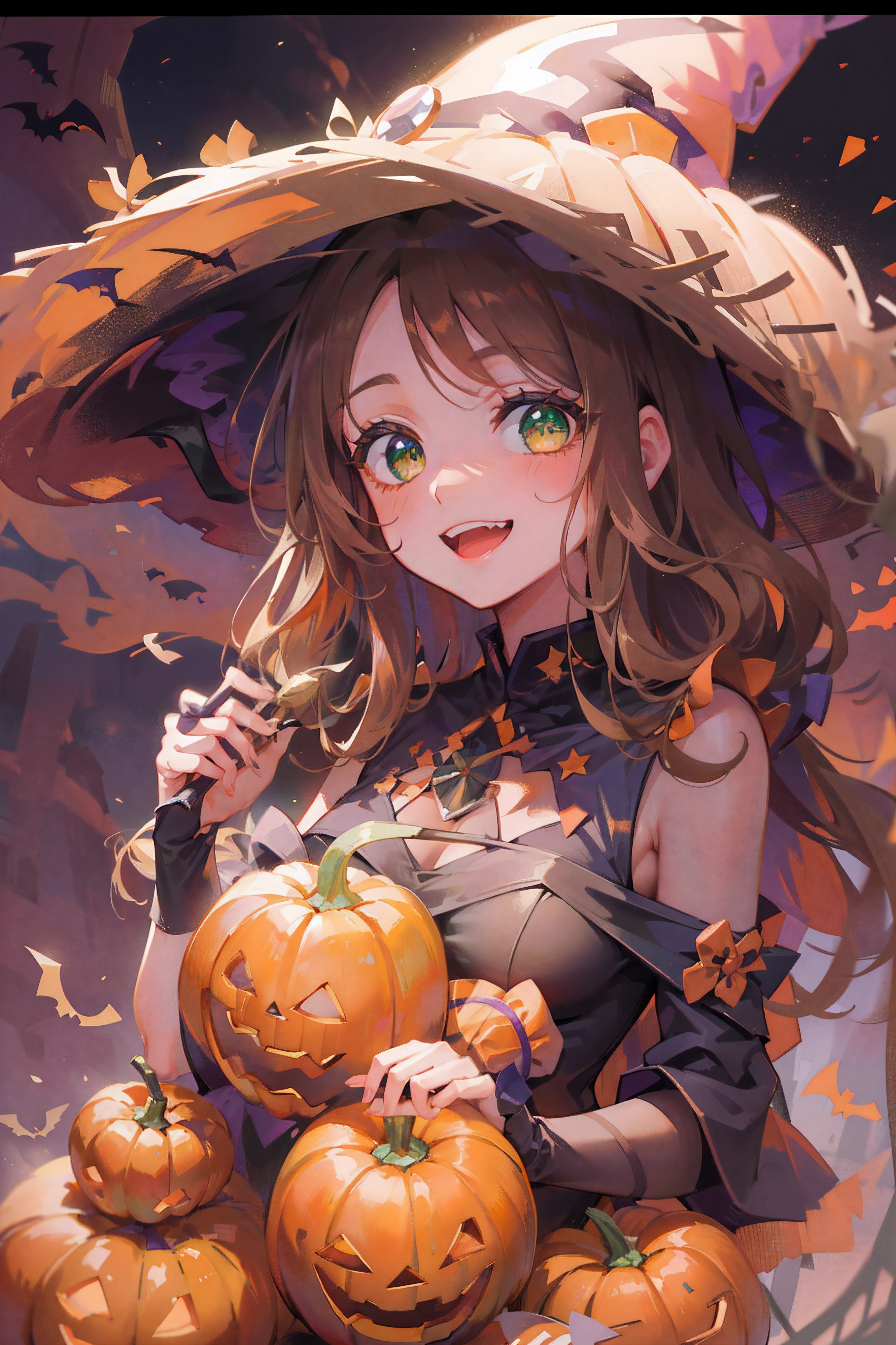 (masterpiece), (best quality), ultra high res, sharp focus, ((1 woman, solo)), (warm orange pastel color), upper body, medium long shot, MLS, in the crowds of city, autumn season, halloween season , (at the beautiful night time:1.2), beautiful detailed hair, chesnut brown hair, long hair tumbles down, ((beautiful shape eyes, green eyes)), beautiful detailed face, perfect feminine face, smiles happily, look at the viewer, (halloween witch costume:1.2), bare shoulders