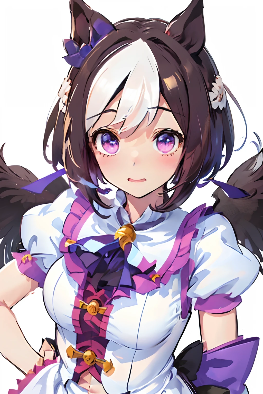 special_week_\(Umamusume)、bow ribbon、bow ribbon、bow ribbon、corsets、Fluffy breasts、nursing、toppless、teats、The upper part of the body、(Refers to the viewer:1.3)、Happiness、(White background:1.5)、(front-facing view:1.3)