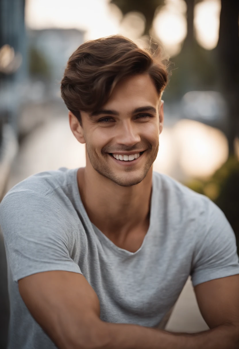 (photo: 1.3) af (realism: 1.3), male headshot, soft light, face focus, ((((white t-shirt))) happy, cheerful, smiling, warm light, ((blank background)) , profile picture, (long hair or short hair), smiling, handsome, young, , short hair, smiling