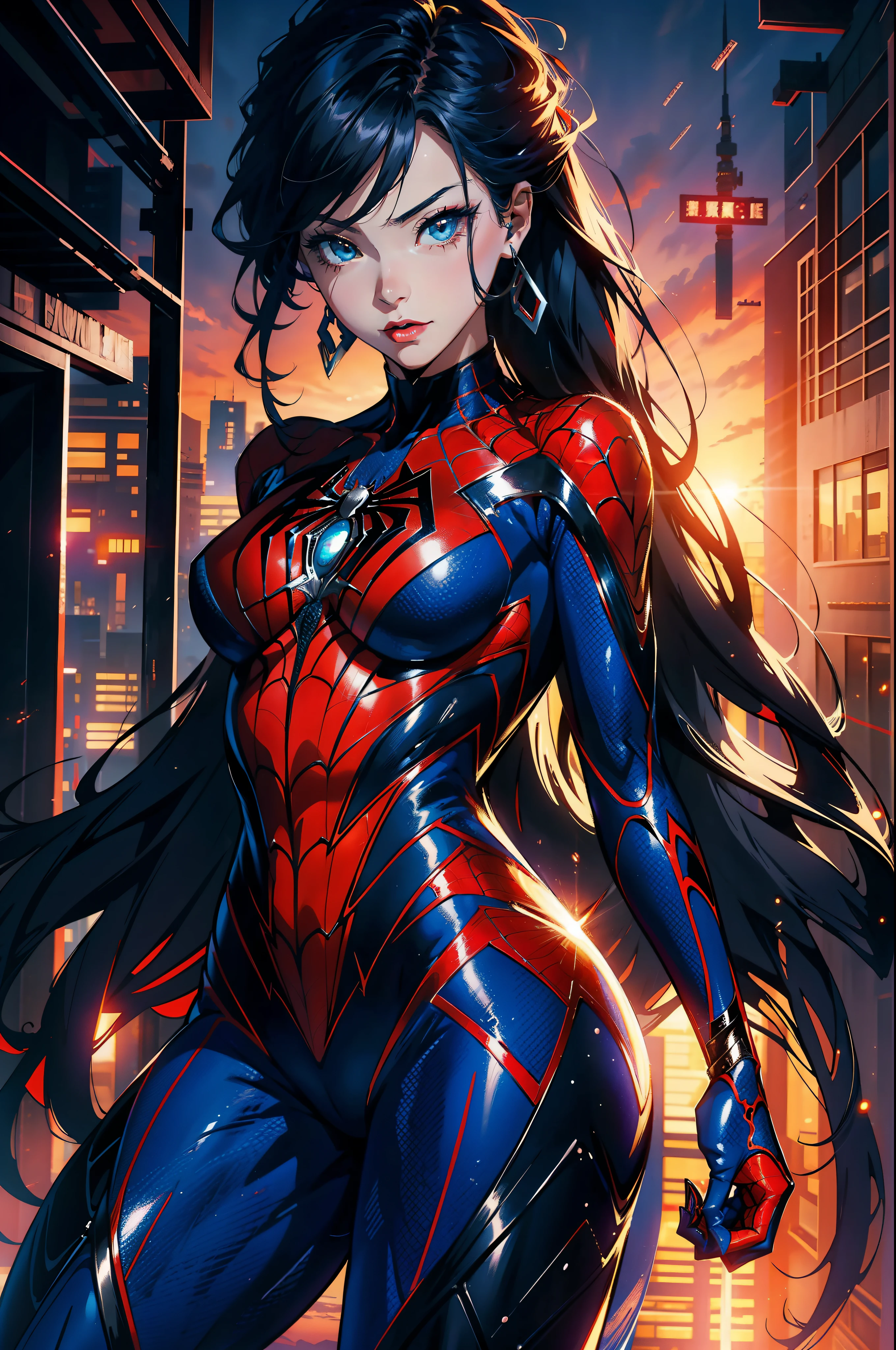 Reimagine the iconic character spider man as a woman in anime style, unique redesign spider suit, sunset backdrop, highly desired, highly detailed, 8k, masterpiece, sexy, full body shot, galaxy backdrop