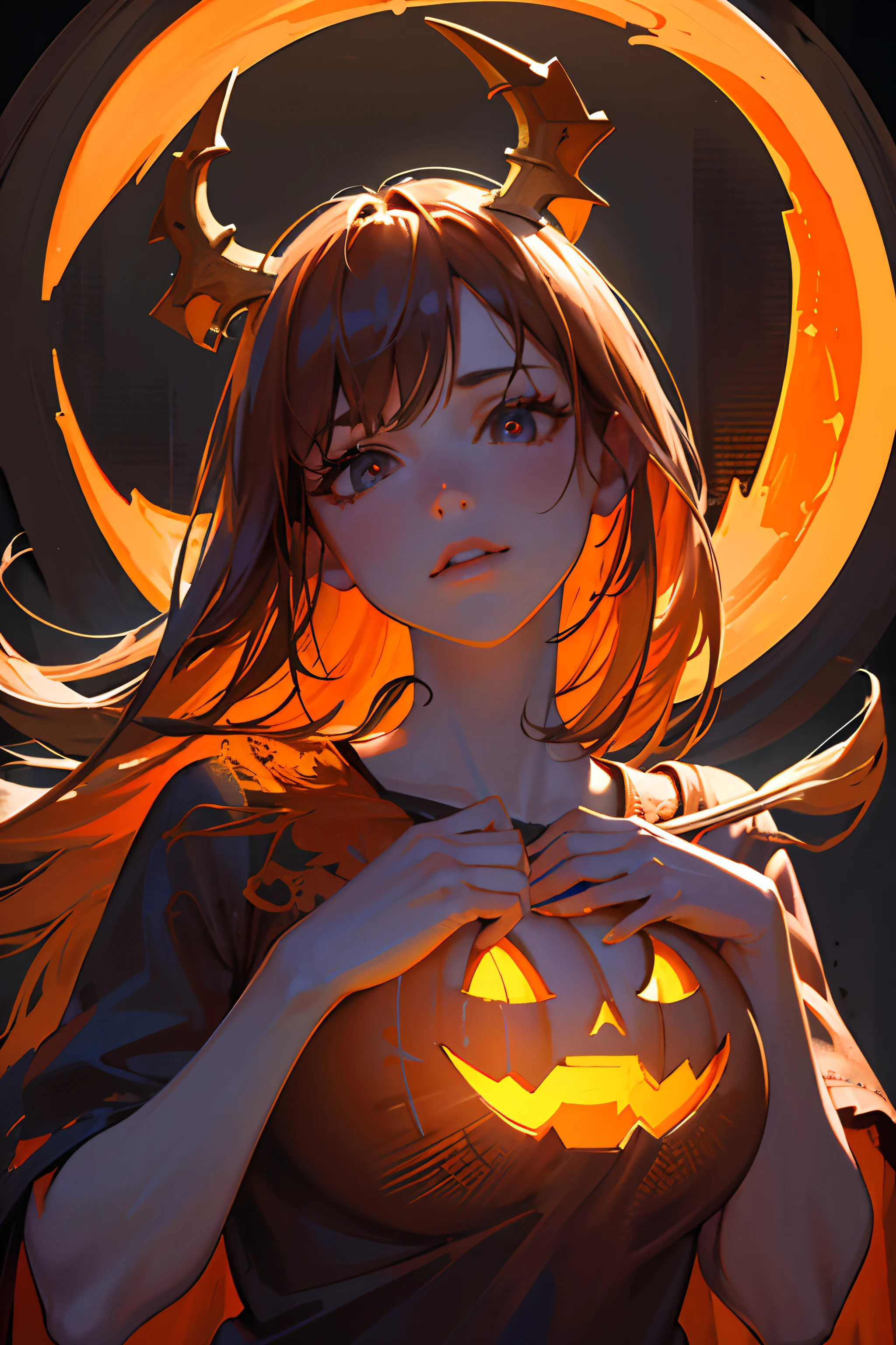 (best quality,4k,8k,highres,masterpiece:1.2),ultra-detailed,(realistic,photorealistic,photo-realistic:1.37),A girl in Halloween T-shirt carving a pumpkin for Halloween, intricate pumpkin carving, beautiful detailed eyes, beautiful detailed lips, long eyelashes, autumn-themed background, orange lighting, cozy and warm atmosphere, vibrant colors, Halloween spirit, spooky but cute aesthetic, festive attire, magical feel, shadow and light interplay, imaginative and creative scene.