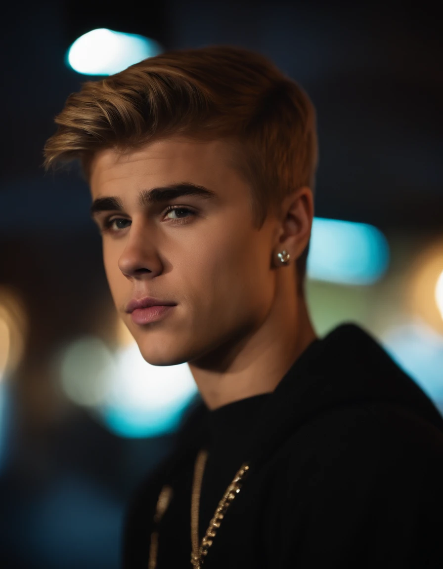 Justin Bieber wears a black sweatshirt, in einem Club, faded undercut, Ultra-High-Definition-Bild, Punk Uhr, Studiofotografie, Precision (Mitte Nahaufnahme), Lovely face, Leichtes Gesicht