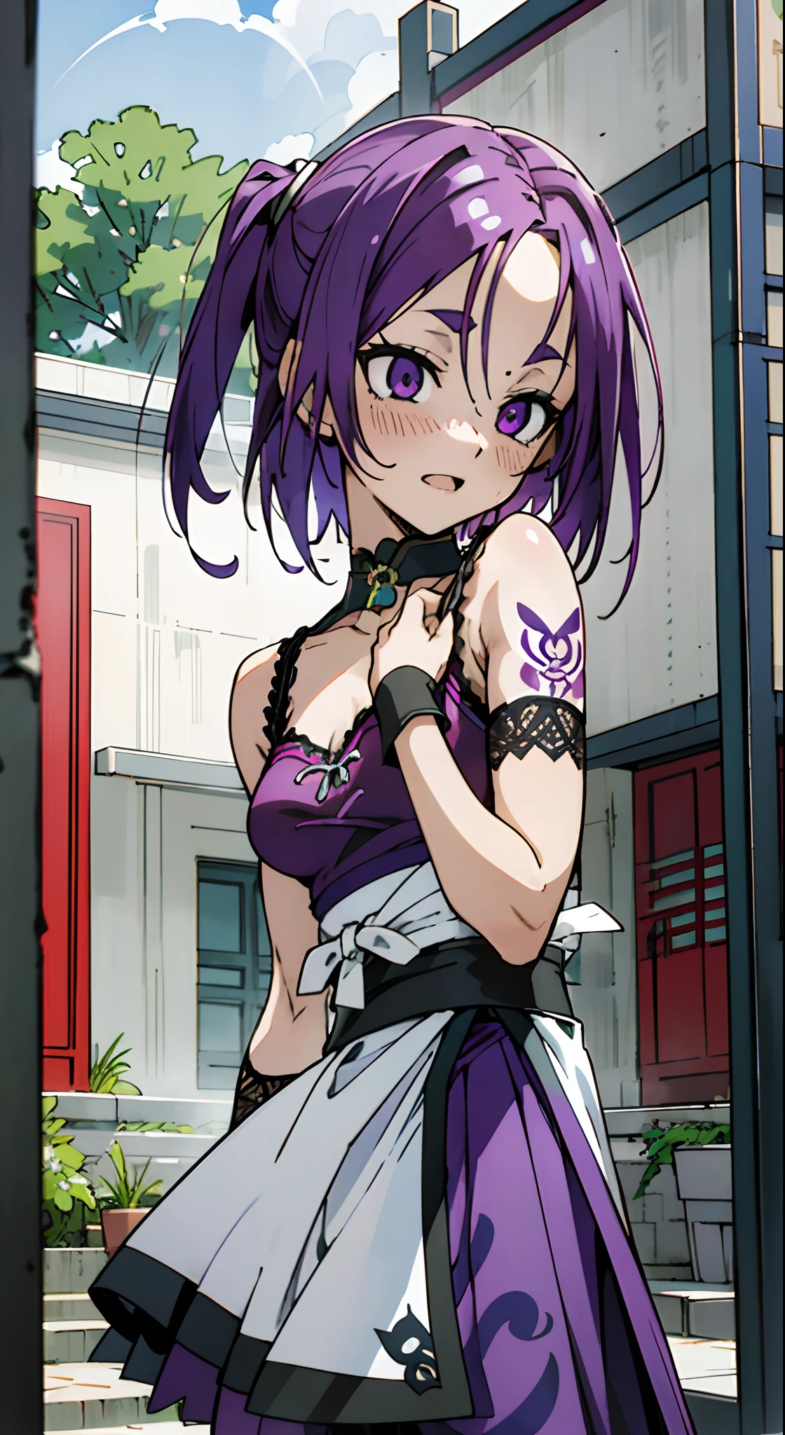 masutepiece, Best Quality, Ultra-detailed,Colorful,Up-close, Hyper-detailing,purple color hair, Ultra-realistic hair quality, Vibrant colors, Beautuful Women, Beautiful long hair, Shiny hair, detailed hairs, Reo Mikage, Blue Lock, no sleeves, Camisole and cheongsam, chinese clothes, Chest exposure, Lace underwear, Metamorphosis is exposed, Choker, Black Choker, arm warmer, Sexy breasts, The tattoo, arm tattoos, Dragon tattoo, arm tattoos, Tattoo on the wrist, hand tattoo, Big breasts, red blush, 1girl in, Solo, Sharp face, Heterochromia, Green eyes, Purple eyes, Red cheeks, Bare neck, Happy face, Opened mouth, rays of sunshine, Brave Sky, shanghai, China, castle