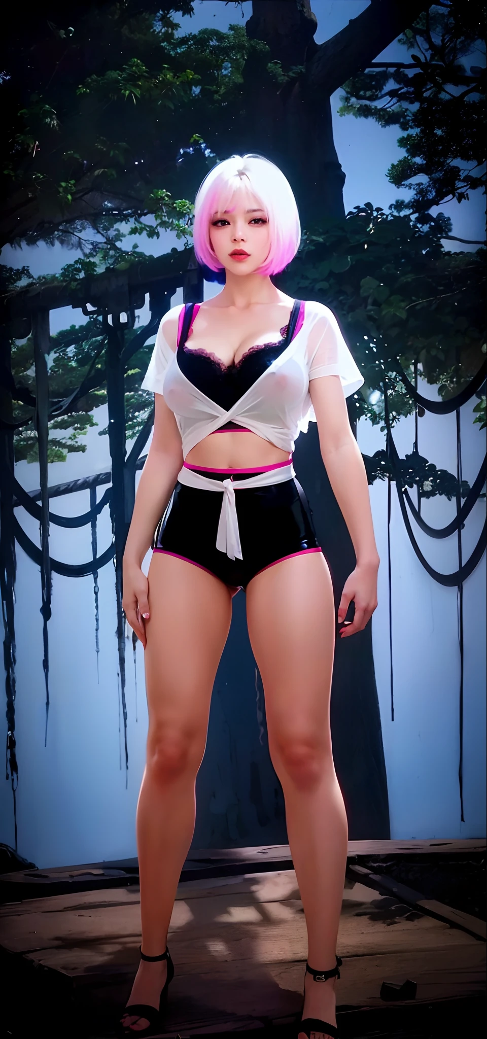 (8k, RAW photo, photorealistic:1.25) ,( lipgloss, eyelashes, gloss-face, glossy skin, best quality, ultra highres, depth of field, chromatic aberration, caustics, Broad lighting, natural shading, Kpop idol) looking at the audience With serenity and goddess-like bliss, big breasts, (big breasts), (big tits), full body,