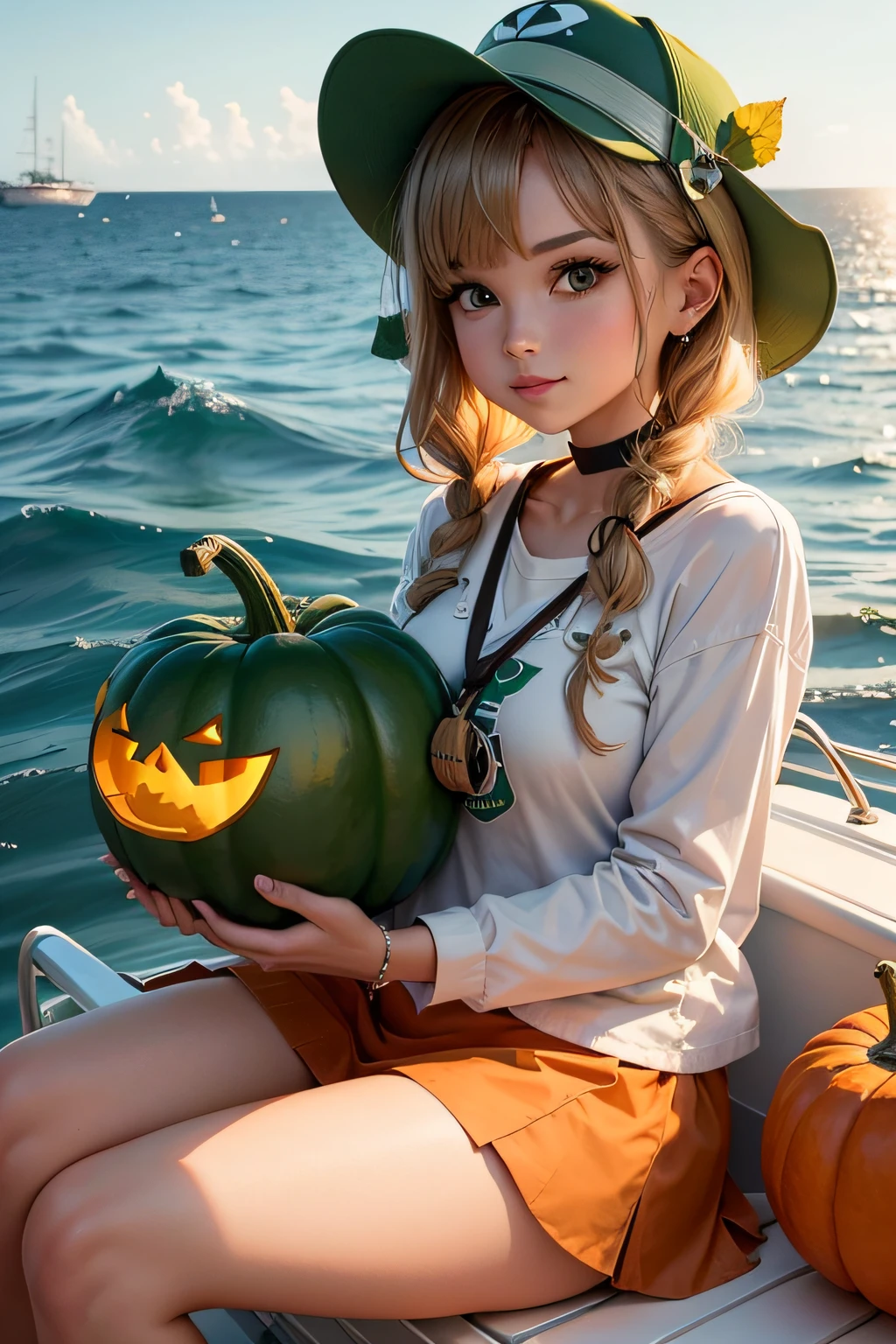A shipping watter UFO in the shape of a green pumpkin is sailing on serendipity maritime way, a chipmunks is painted on the hull.