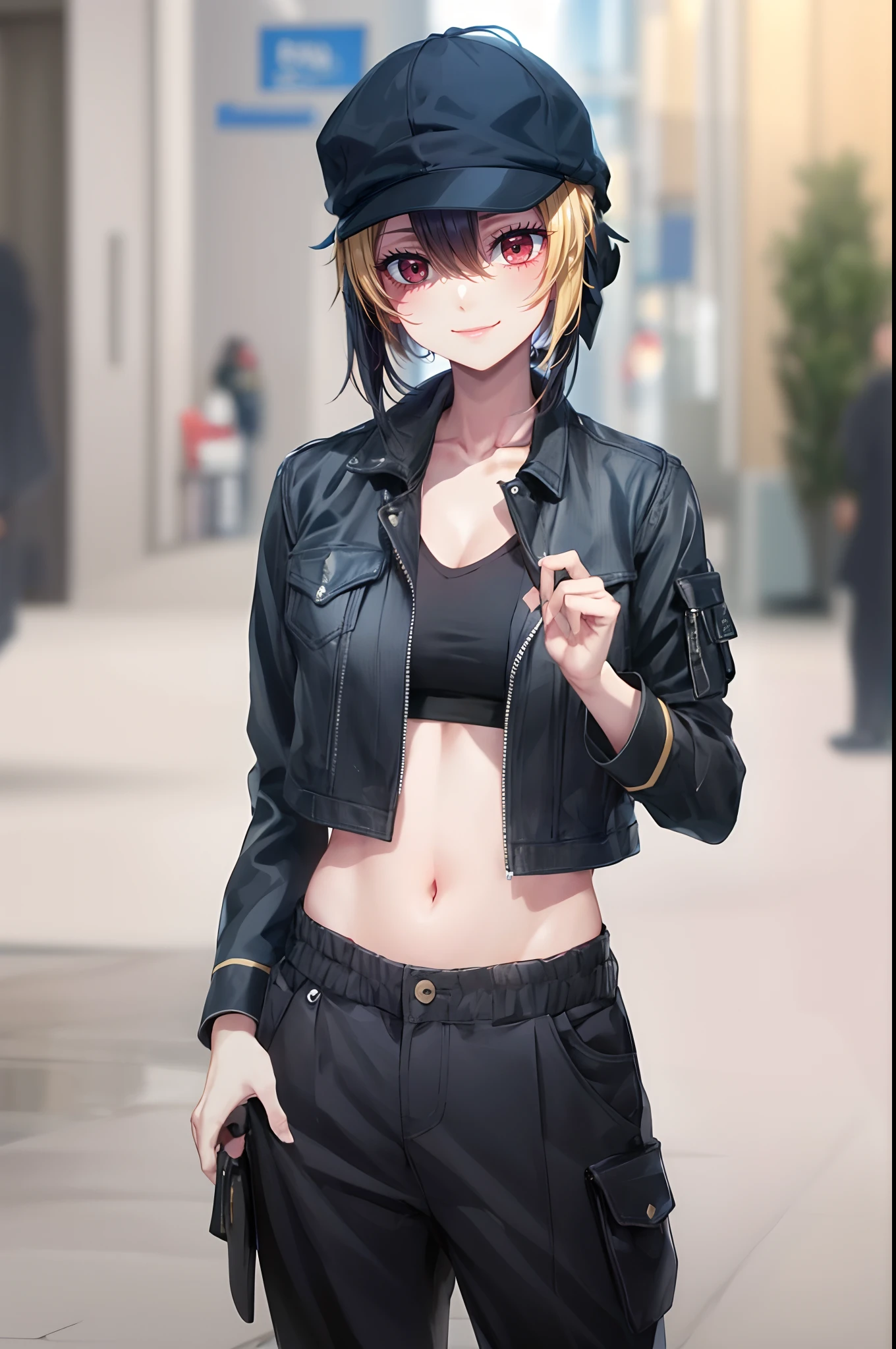 AngelicaV4, (blonde hair:1.4), blurry, navel, blurry_background, depth_of_field, black_jacket, black_pants, midriff, jacket, long_sleeves, pants, looking_at_viewer,nstanding, open_clothes, solo, shirt, crop_top, open_jacket, black_shirt, blurry_foreground, stomach, collarbone, solo_focus, breasts, cowboy_shot