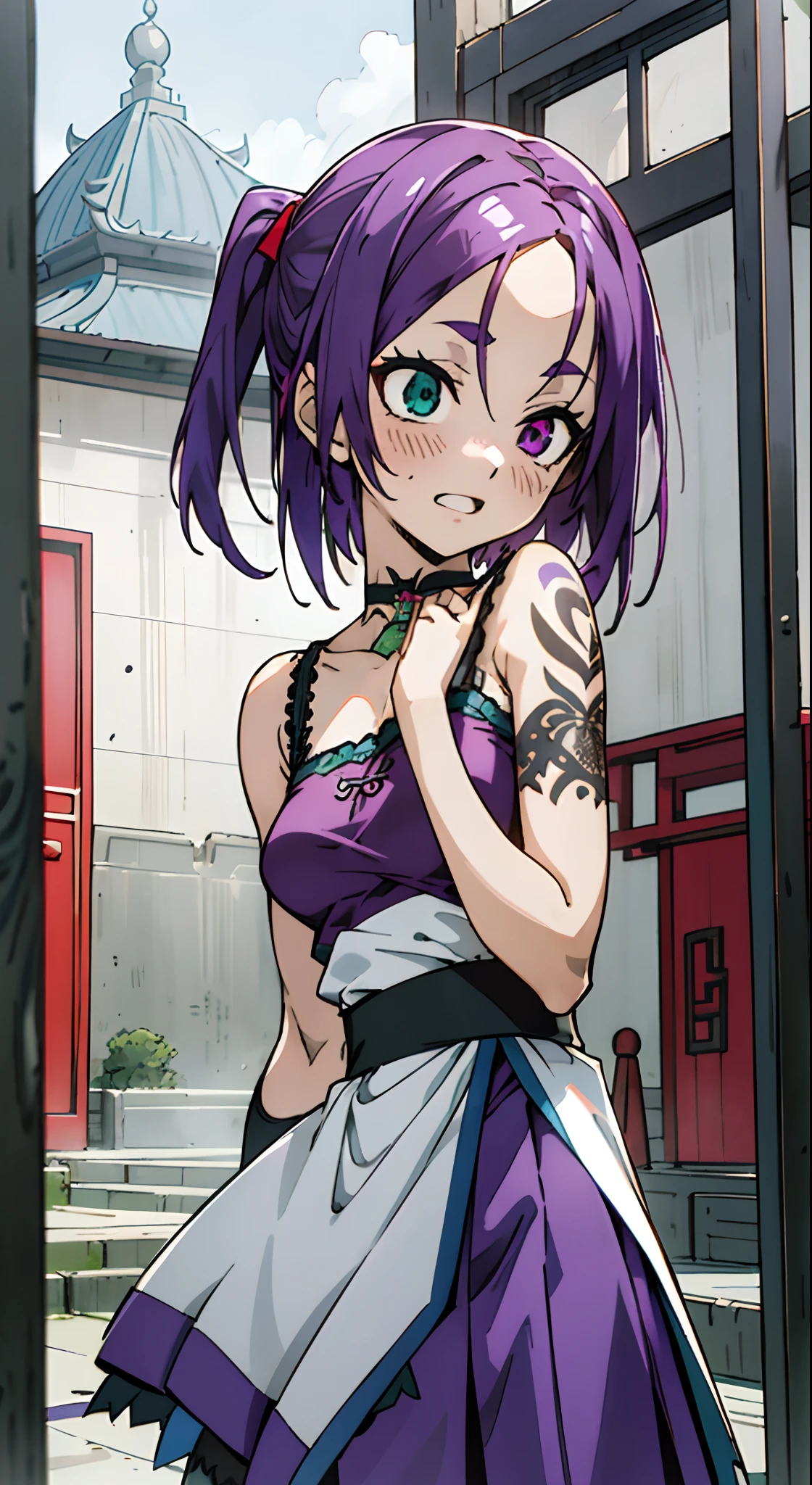 masutepiece, Best Quality, Ultra-detailed,Colorful,Up-close, Hyper-detailing,purple color hair, Ultra-realistic hair quality, Vibrant colors, Beautuful Women, Beautiful long hair, Shiny hair, detailed hairs, Reo Mikage, Blue Lock, no sleeves, Camisole and cheongsam, chinese clothes, Chest exposure, Lace underwear, Metamorphosis is exposed, Choker, Black Choker, arm warmer, Sexy breasts, The tattoo, arm tattoos, Dragon tattoo, arm tattoos, Tattoo on the wrist, hand tattoo, Big breasts, red blush, 1girl in, Solo, Sharp face, Heterochromia, Green eyes, Purple eyes, Red cheeks, Bare neck, Happy face, Opened mouth, rays of sunshine, Brave Sky, shanghai, China, castle