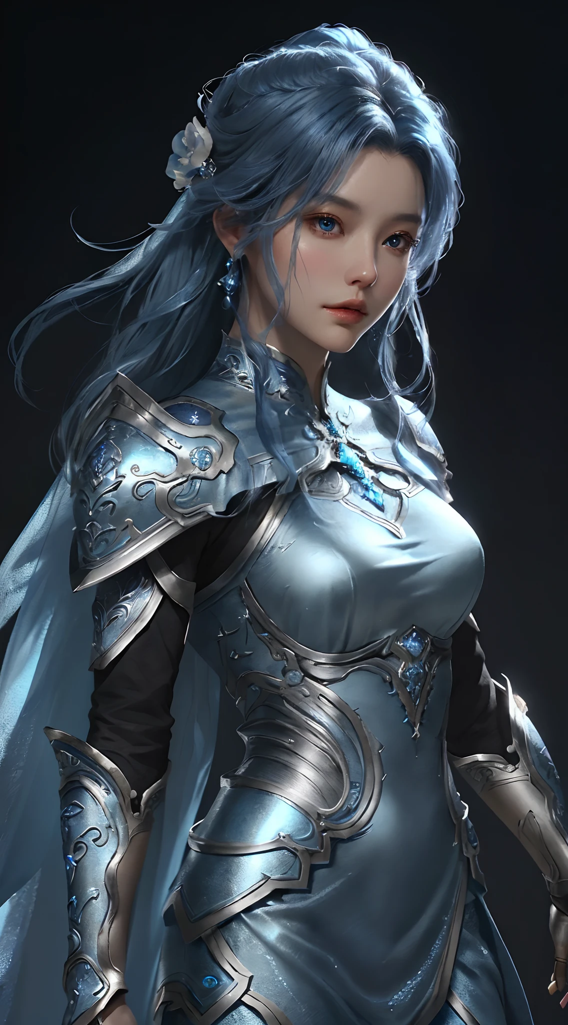 a close-up of a woman in a silver and blue dress, chengwei pot at art station, 由杨J, detailed fantasy art, Stunning character art, fanart best art station, epic and exquisite character art, beautiful armor, 极其详细的Artgerm, detailed anime digital art, artgerm no artstation pixiv, girl in armor