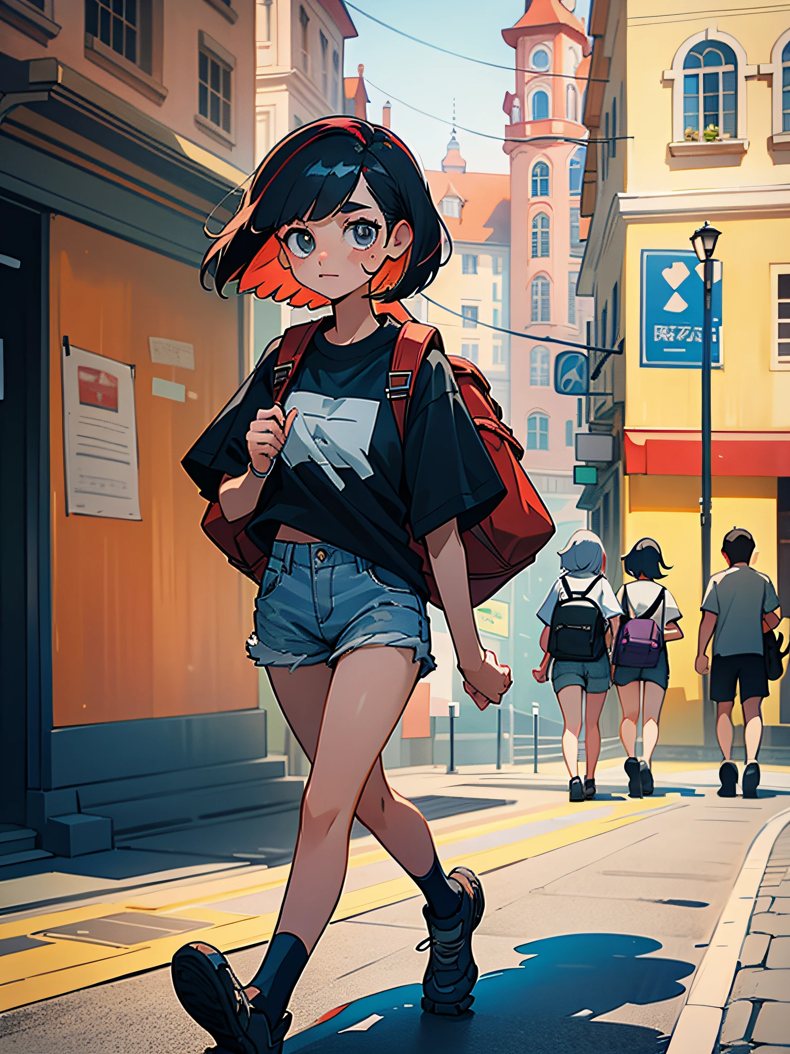 Short Bob's20Woman in her s is walking sideways through a European city with a very large backpack on her back、hair color is black、T-shirt and shorts、