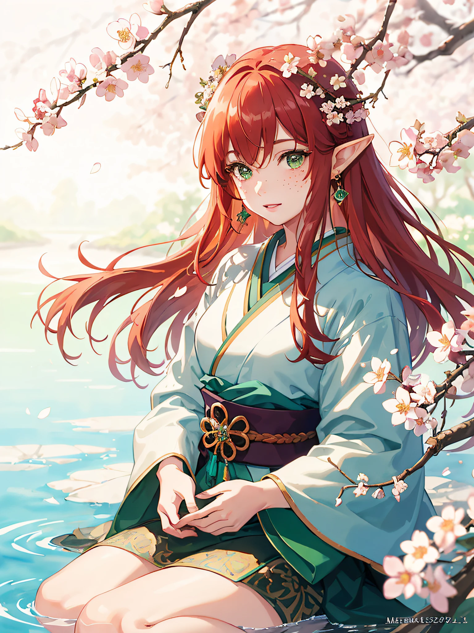 ((Best quality)), ((A Masterpiece)), ((realistic))(watercolor: 1.2), Light particles, japanese elf princess, flower, freckles, bangs, redhead, long hair, green eyes, hair between eyes, flower earrings, perfect hands, Beautiful composition, japanese cherry blossom trees, blurred background, high resolution