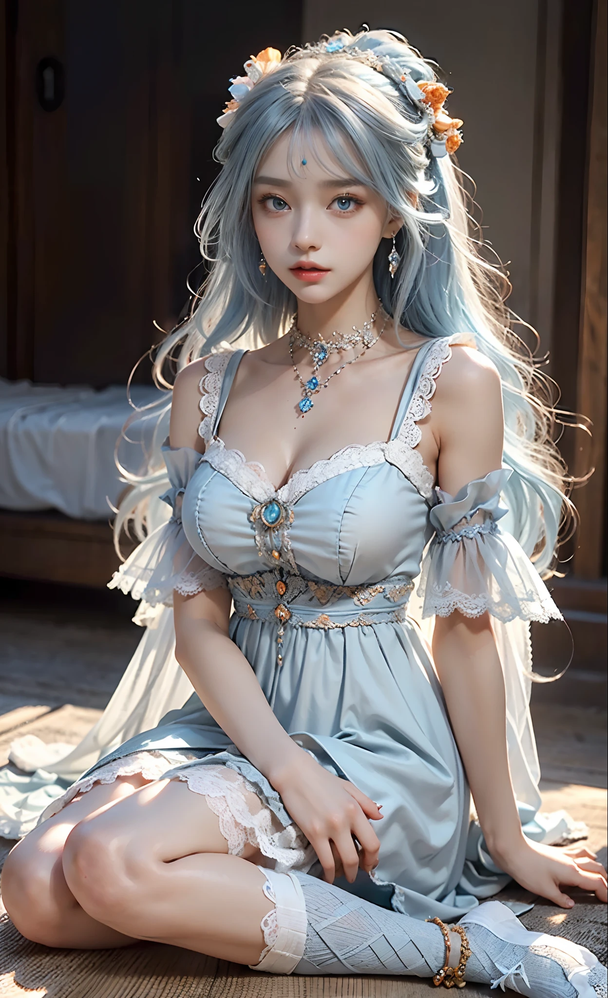 meticulous portrayal of face,1 noblewoman,(Lace orange Lolita maxi dress),(Long flowing light blue hair),Exquisite jewelry all over the body,Collar,Anklets,head chain,Lace-trimmed socks,Lolita shoes, s the perfect face, perfect hand, Perfect Finger, Perfect lips, perfect eyes,Extremely normal body, Perfect background