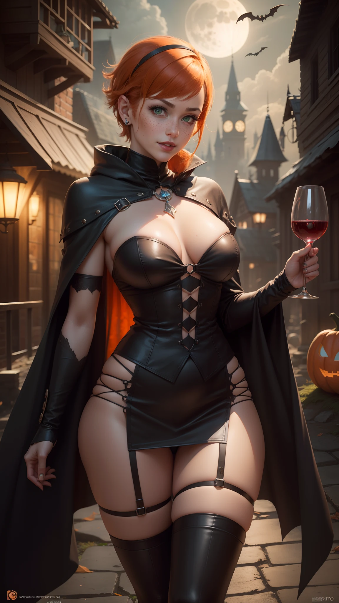 gwen tennyson,tracer,bulma,rebecca chambers,nier automata,solo girl,close up,moonlight,vampire costume,red neck jewelry,body tattoos,garter belt,short hair,blood earrings,vampire fangs,victorian dress,red tight skirt,holding a wine glass,pumpkin village,vampire cloak,halloween castle,bats,gothic makeup,glowing pumpkin,green eyes,orange hair,shy smile,freckles,redhead,beautiful girl, large breasts,thigh high boots,ultra detailed,realistic,fantasy art,