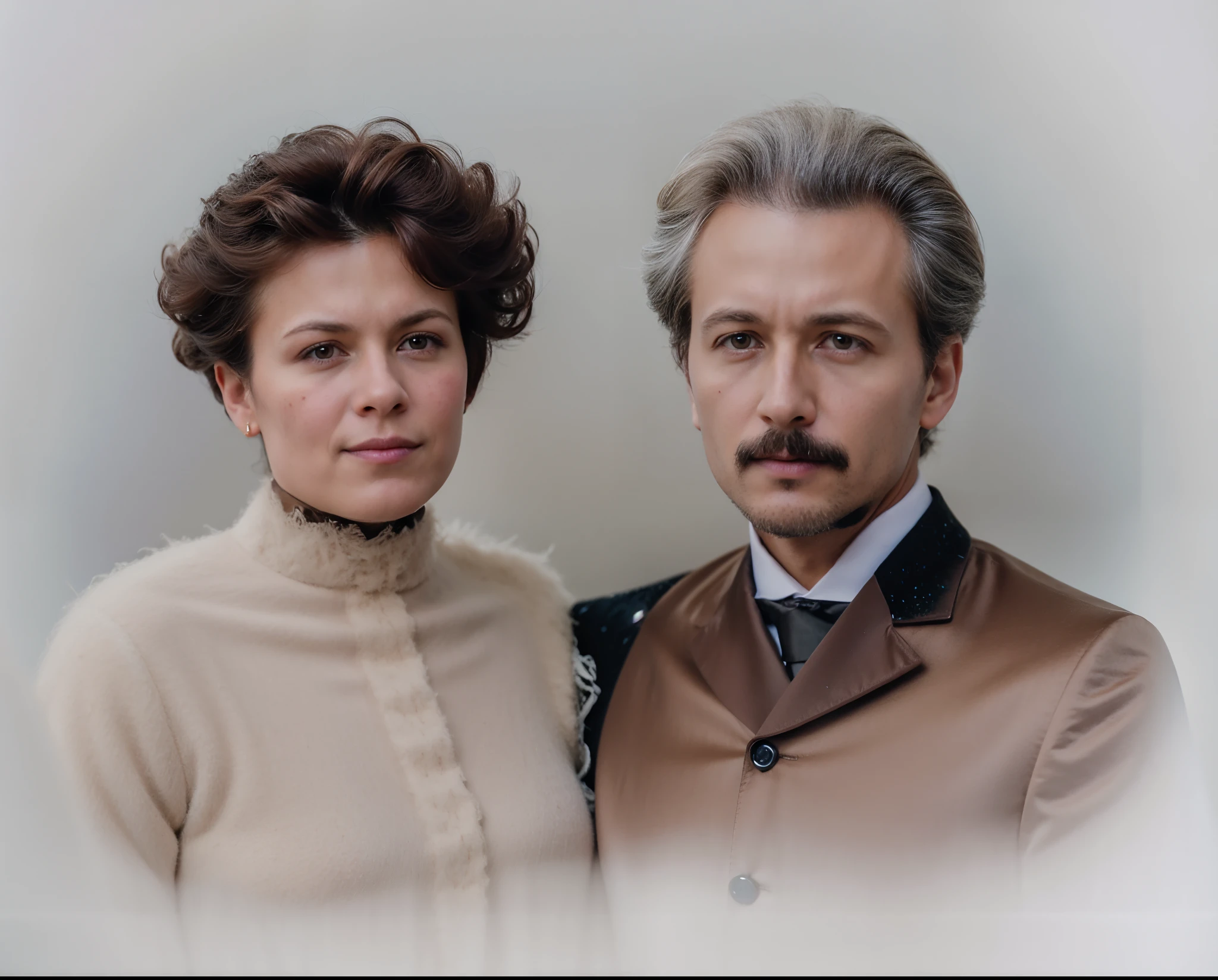 High quality image, masterpiece, detailed hair texture, detailed skin texture, detailed cloth texture, 8k, add fabric details, ultra detailed skin texture, ultra detailed photo, skin pores, portrait of a women, wearing dress, and a man, wearing a suits, add cloth details, high skin details, realistic hair details