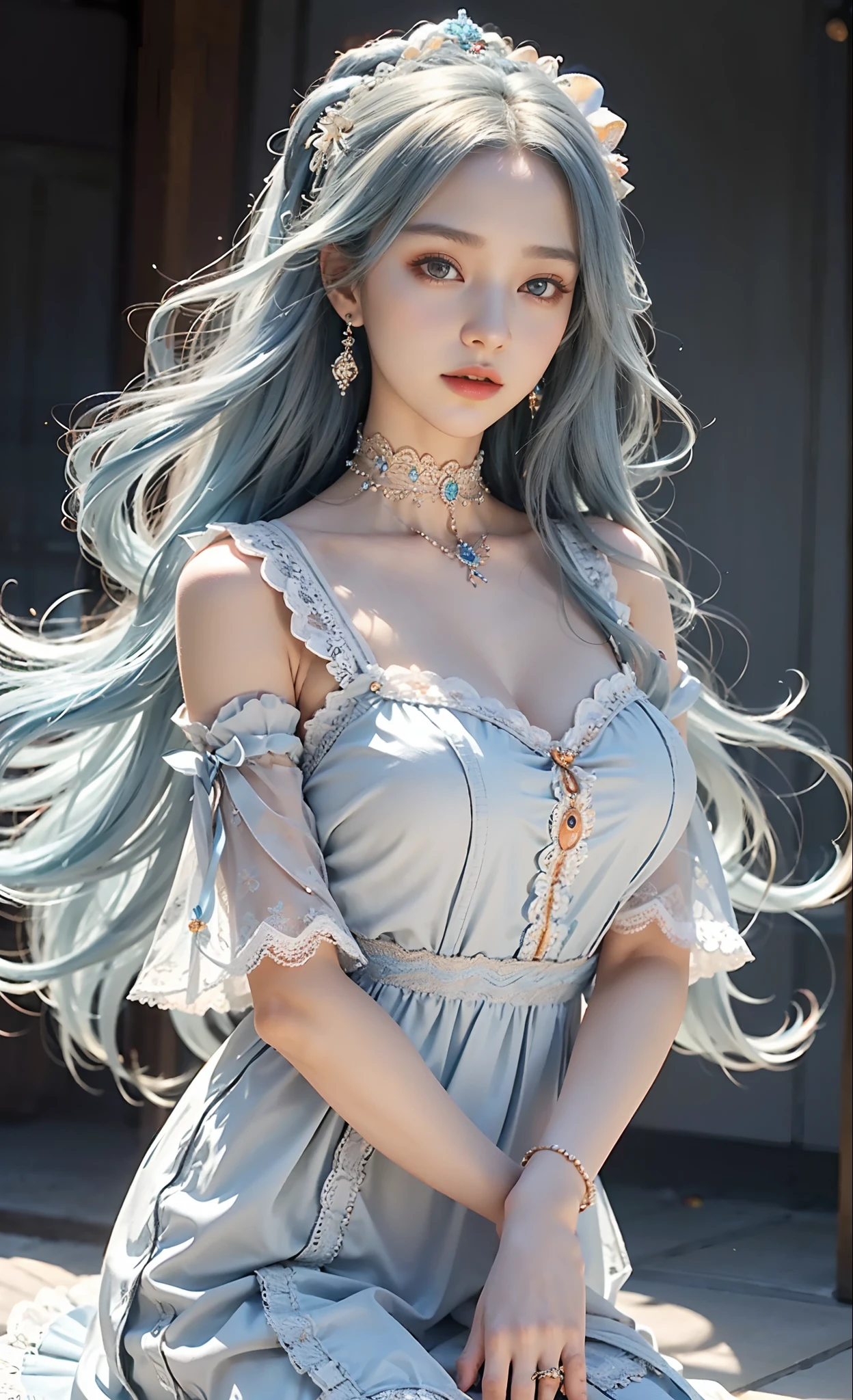 meticulous portrayal of face,1 noblewoman,(Lace orange Lolita maxi dress),(Long flowing light blue hair),Exquisite jewelry all over the body,Collar,Anklets,head chain,Lace-trimmed socks,Lolita shoes, s the perfect face, perfect hand, Perfect Finger, Perfect lips, perfect eyes,Extremely normal body, Perfect background