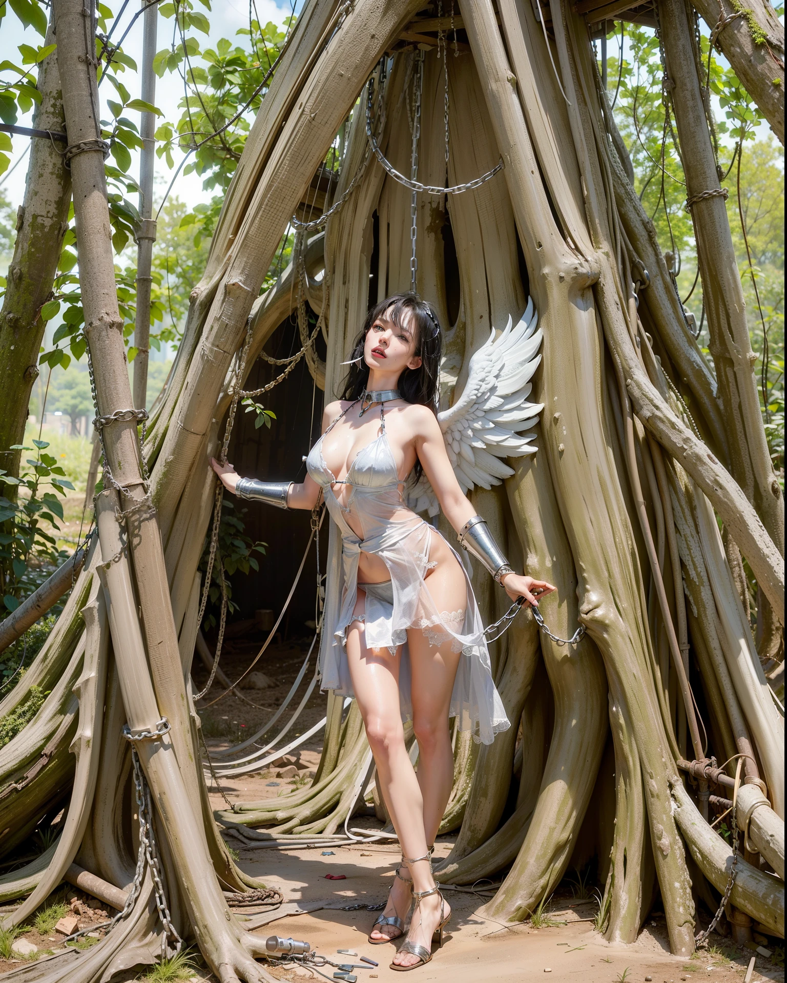 ,((Wearing a torn sheer costume of a superheroine)),(, No bra)), Wet crotch, Wet thighs, Beautiful girl with accentuated slender abs: 1.4, (((nipple tips protruding, areola is protruding, The shape of the pubic region is clearly visible)), sixpack abs: 1.4, Bust Botox, Photo, Sharpness, Unique 850 4, Koda850 k portrait camera, F1.6 shots, Ultra-realistic textures, Spectacular light textures, Cinestil 800 Fashion Mechanics, (futuristic sci-fi battle fashion: 1.1), (tied perfectly by chain), Restraint, Slaves, collars, ((wide prison with sunlight)), Dark fantasy, Realistic material details, extreme hight detail, Ultra-realistic materials ((Torn costume))), Wet, Cloudy, (Chained)), ((big emphasized by chains)), ((chains digging into crotch)), ( (Collar)), (, No bra), shredded costumes, broken golden shields and battle spears,, White combat gloves, Combat shoulder armor, Blood splattered on the face, Blood splattered, Realistic, (Bruises, Dirty, ripped clothing, skimpy clothing, Blood: 1.3), Torn Cape, Torn pantyhose, Long legs, ((iron pipe in the crotch)), Metallic shackles and fetters, ((chains hung from heaven)), Wet crotch is clearly visible, Swarovski's sword and the anatomy beneath his feet, (futuristic sci-fi battle fashion, Torn mesh stockings),the elf