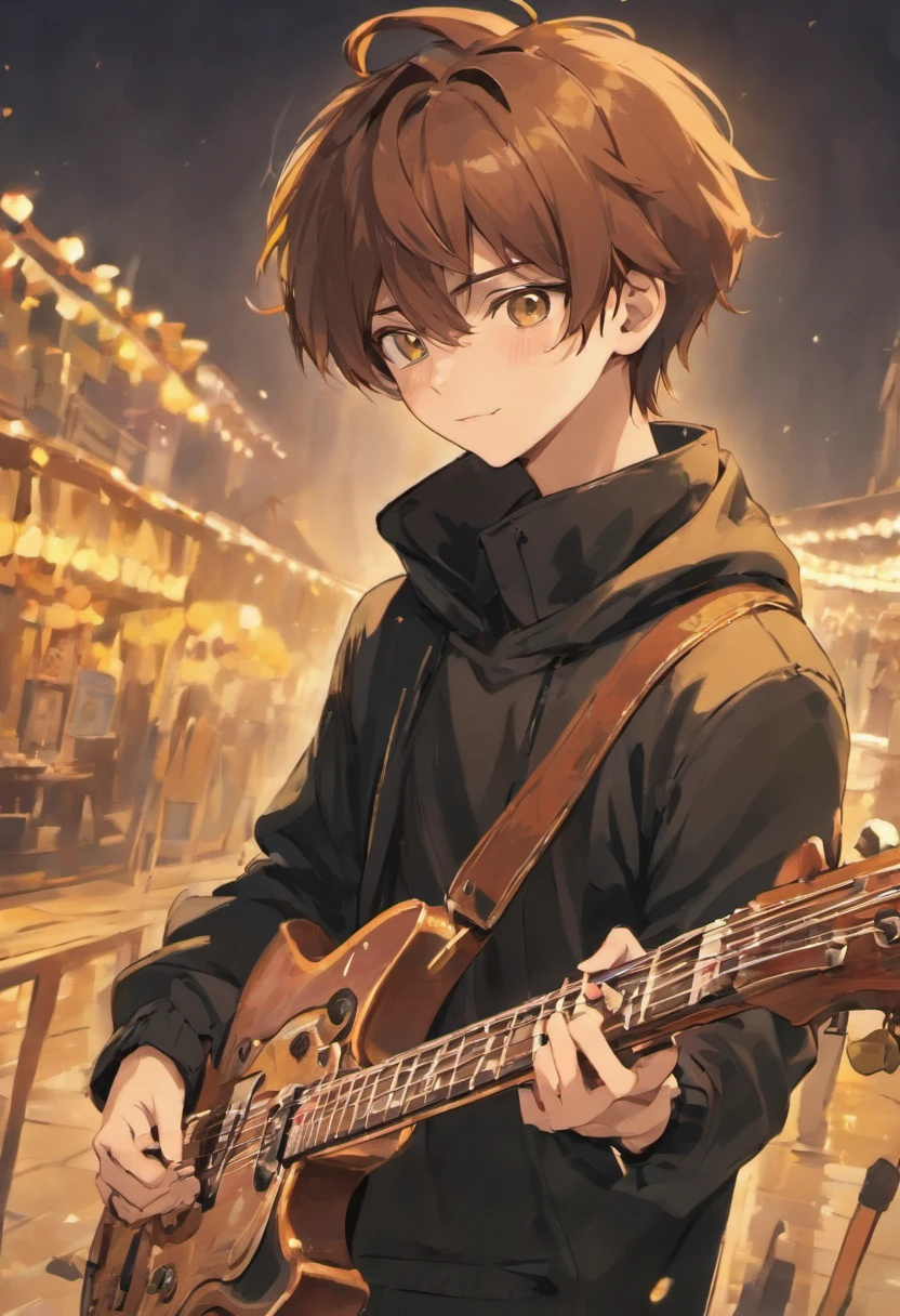 anime 20 year old boy, green eyes, brown hair, medium hair, 8k, detail image, wearing black outfit, smiling, shy, caring a guitar, background should be at the beach at night.