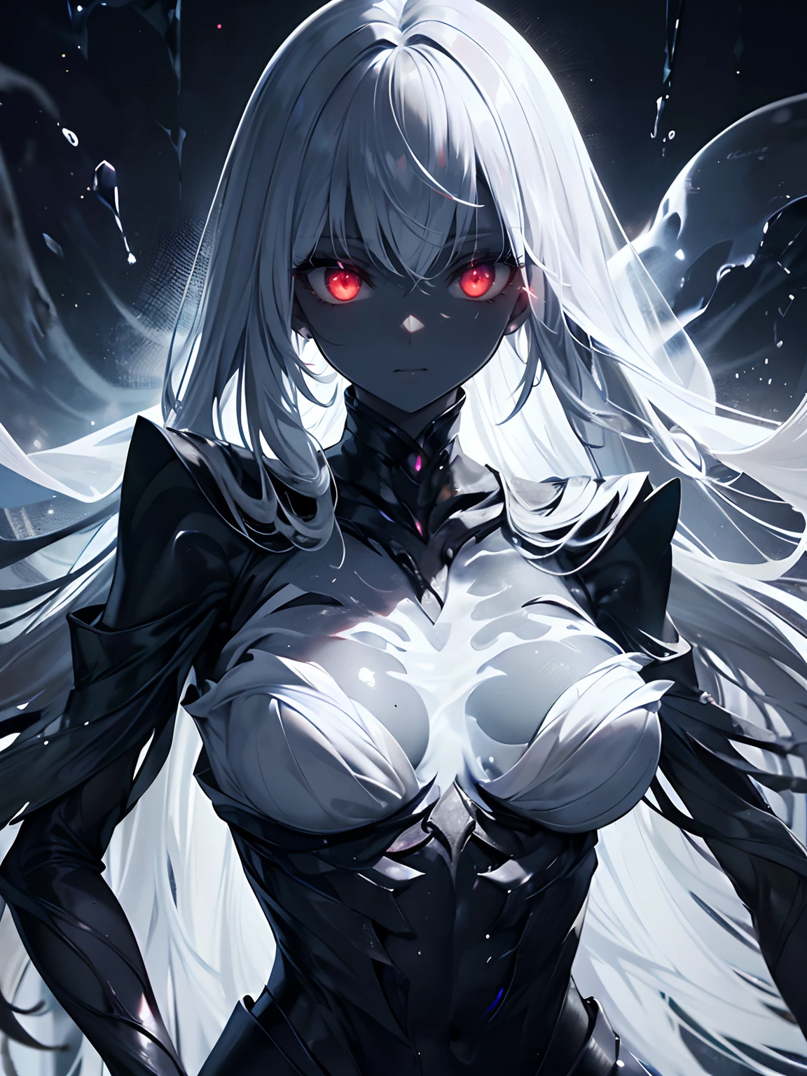 (masterpiece,best quality,ultra detailed),1girl,smirk, ghost body, creature long arms,(blood), (body ghost creature), (detailed ghost creature body), beautiful and detailed face, detailed eyes,(black skin),insanevoid, glowing eyes,translucent clothing,(grey theme),