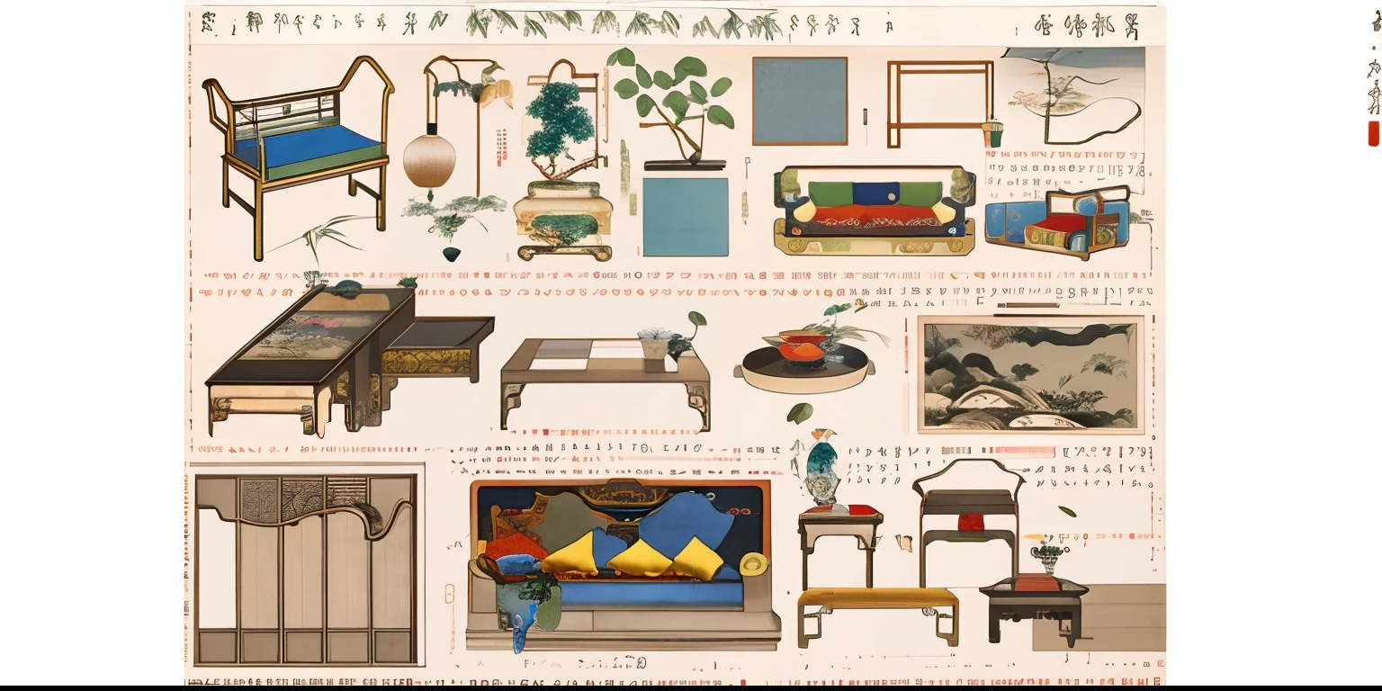 Basic view of sofa with furniture design(Three View),Landscape fish and insects as the theme,Traditional Chinese ink style,8k,k hd