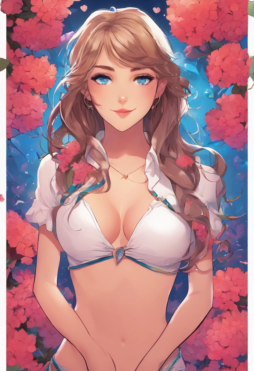 4K, June scenery, Beautiful woman, Long hair, Brown hair, Medium breasts, Blue eyes, White shirt, Hot pants, Neon red heart necklace, view the viewer, Night, Colorful hydrangeas