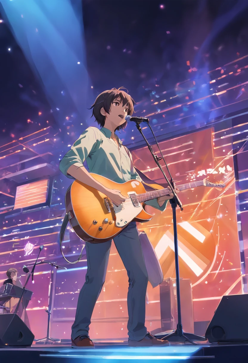 The band performs on stage,Guitar,Electronic organs have both