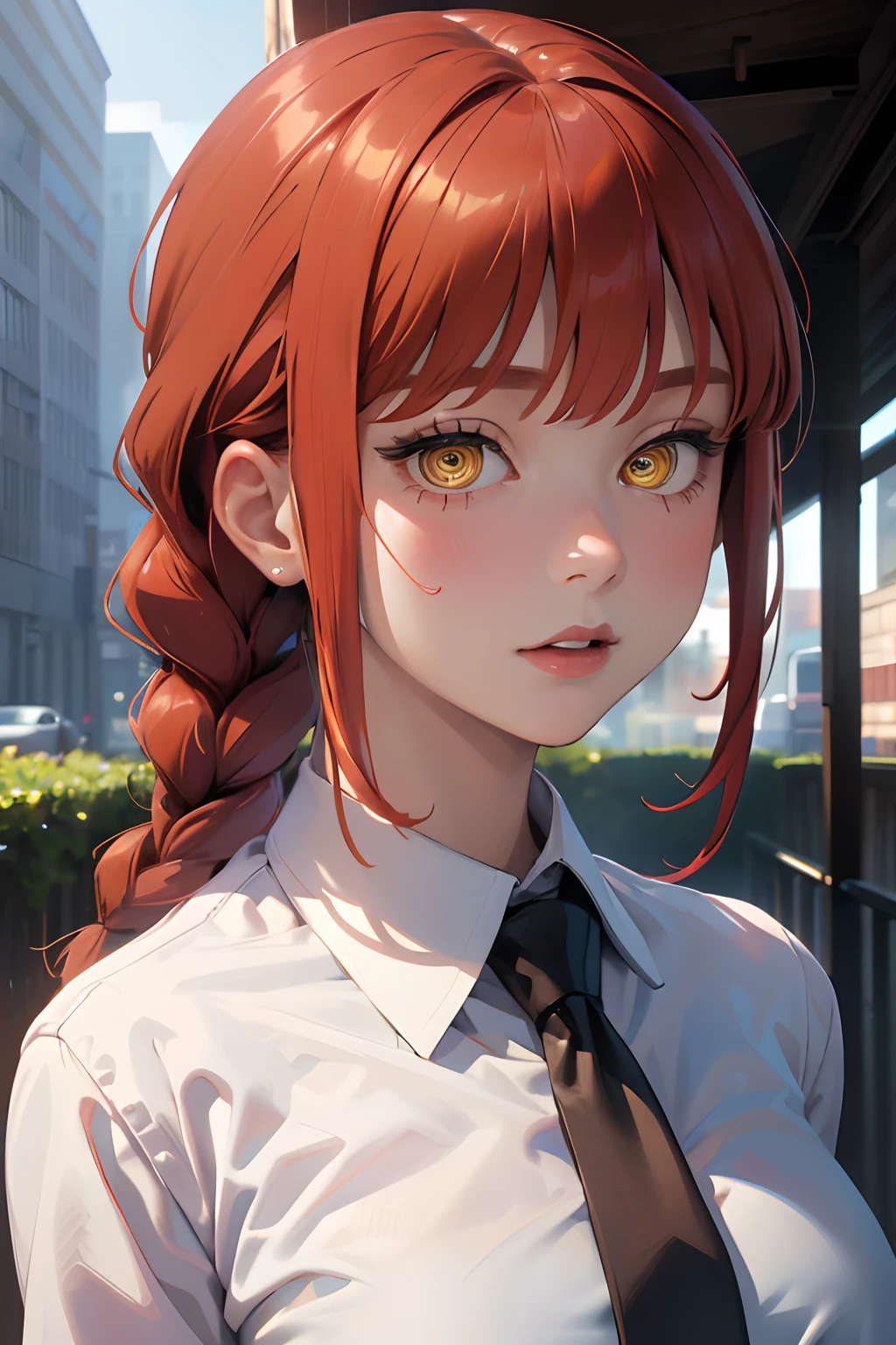 (masterpiece, best quality), 1girl, beautiful face, makima, shirt, braid, braided ponytail, collared shirt, white shirt, necktie