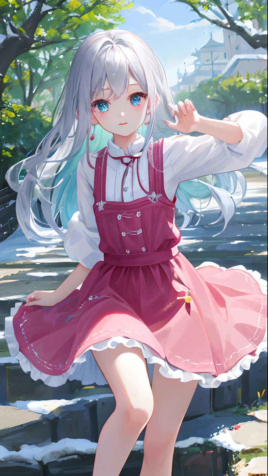 Luna wore a pink dress,The skirt reaches to the middle of the thigh,Showing her snow-white thighs。The front of the skirt is opened low,Expose her crispy breasts。Long silver hair that falls to the waist,Shines softly in sunlight,Gently swing with her movements。The turquoise eyes looked watery at the cool tree,A small nose and thin cherry red lips dot the fair face。 She is ite and delicate,The curves of the crispy milk loom against the background of the clothes。