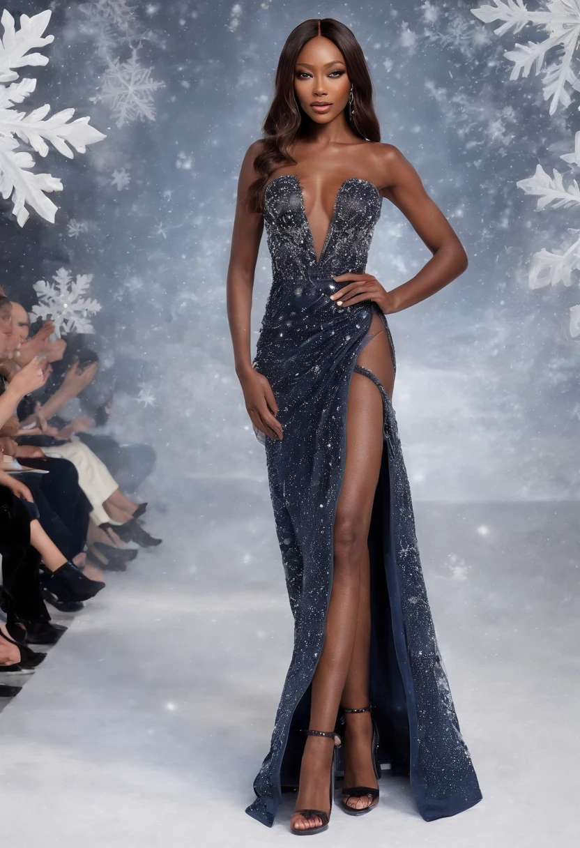 (Best quality,4K,8K,A high resolution,Masterpiece:1.2), Ultra-detailed, (Realistic,Photorealistic,photo-realistic:1.37), fashion show photo, Naomi Campbell was born in London, England，She is a legendary black model, (Perfect limbs), fashion show photo, ((fully body photo)),  ((There is a very flowing dress)),Romantic, supermodel body,,opulent, Beautiful high heels, Glamorous, indoor: (((Runway scene))), (Snowflakes in the background, wave,stars, ), inside in room：Catwalk scene， Long-range shooting.