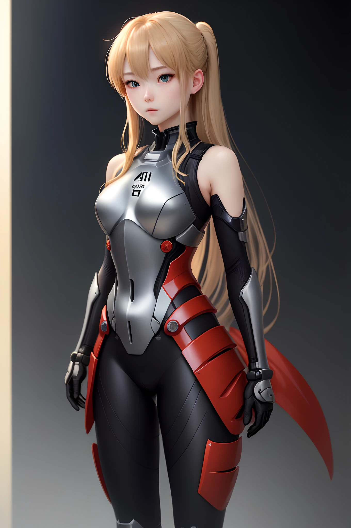 (A masterpiece:1.4、HighestQuali)、(intricately details)、Unity8k wallpapers、ultra - detailed、Beautiful and mysterious、Detailed background、hentail realism、Solo、Perfectly detailed face、Detailed blue eyes、highly detailed、face flushed、hair adornments、Chignon mahogany hair、(Blonde hair)、Plug Suit 02,Shikinami Asuka Langley, armor 、Slender 20 year old girl、Black banded eye patch on left eye、Full body suit、with black background、On the wais、green chest、Red jersey、White line on the arm,Perfect slim leg,8k ,