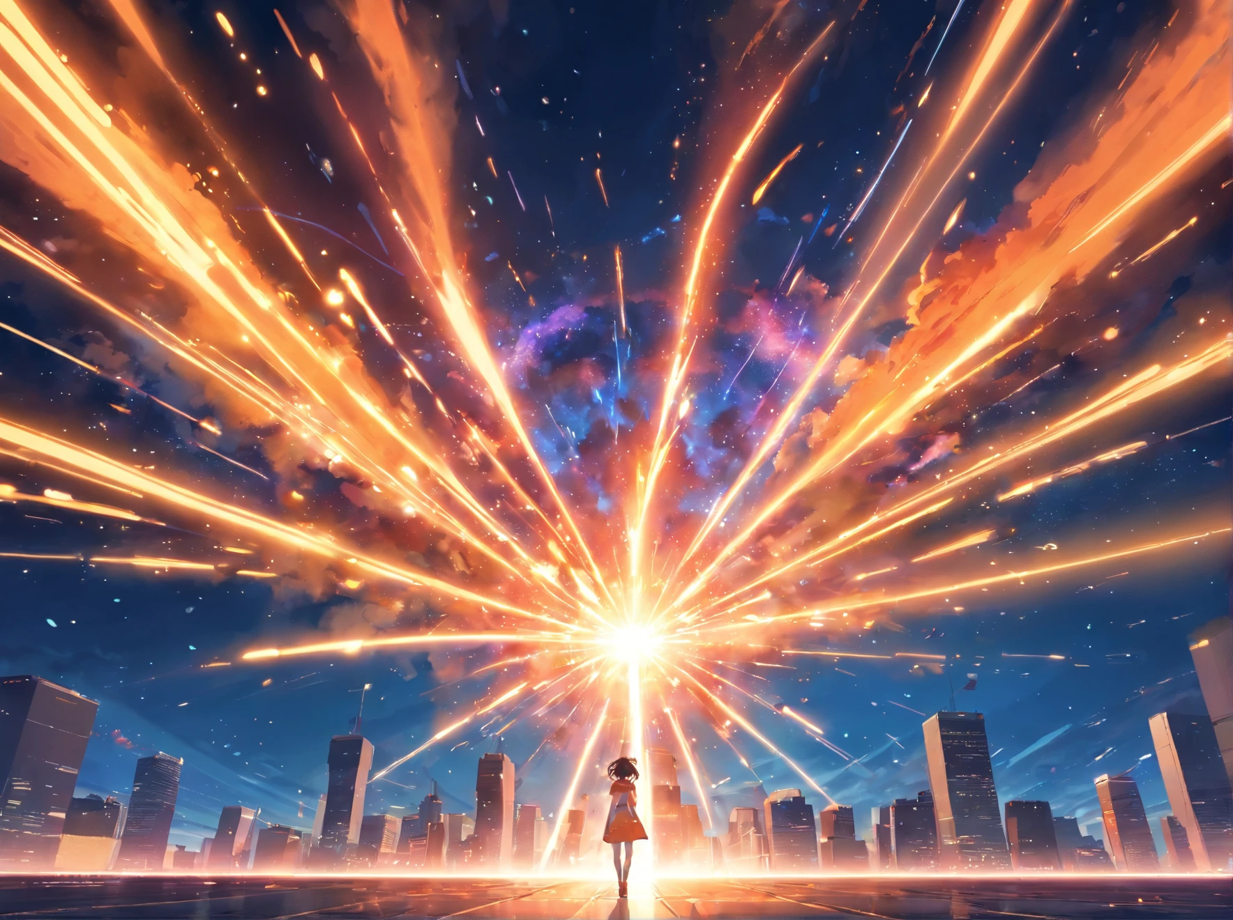 Supernova explosion，Orange main color，Huge cross rays，Extremely strong color impact，Darker dominant tones，Extremely strong contrast