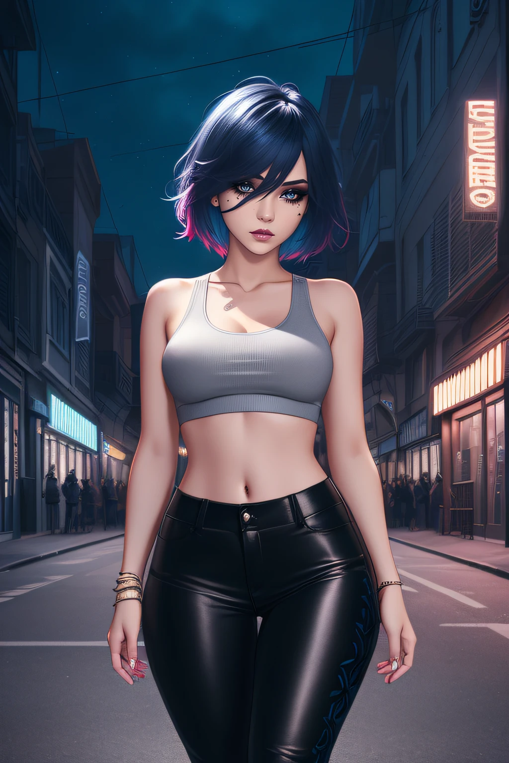 beautiful girl, full body, short bright blue dishevelled hair, black eyeshadow, (street style wear:1.2), ((tight fitted pants)), (city night background:1.2), dark makeup, digital art, trending on artstation, highly detailed, fine detail, intricate, beautiful detailed glow, detailed, Cinematic light, high-res, detailed facial features, sharp focus, smooth, aesthetic,