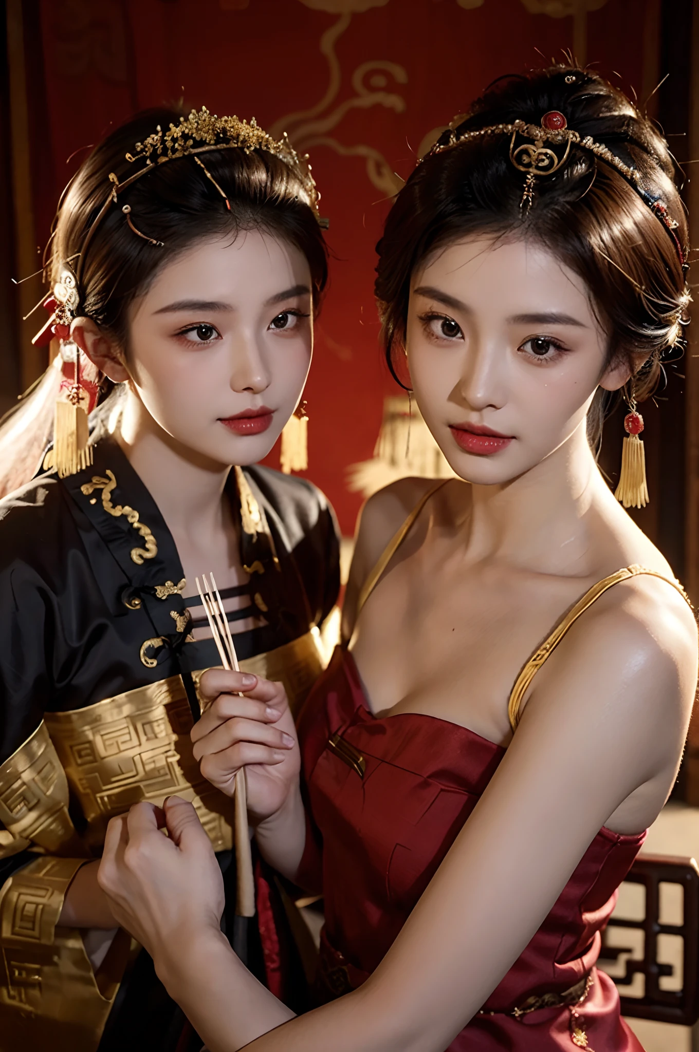 a couple of lesbians,leering:1.4,Taoist,single hair bun,(An ancient Chinese hairstick on her head:1.5),Use mahogany hairpins,(Revealing a translucent cheongsam),(Urzang-6500-V1.3,PureFace_V1,Octane rendering),Elegant Pose,xxmix girl woman,Perfect composition golden ratio, Masterpiece, Best quality, 4K, Sharp focus. better hands, Perfect anatomy.